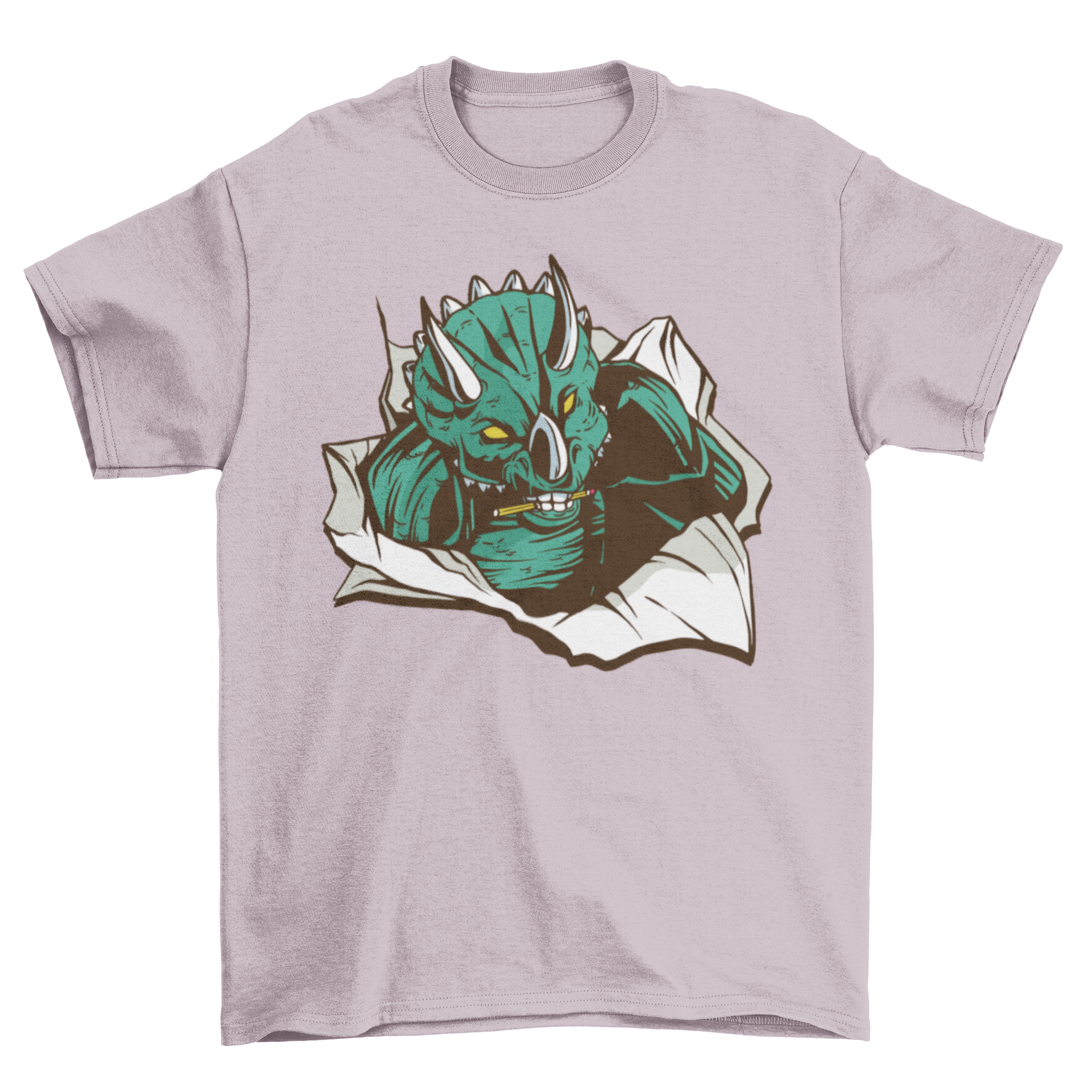 Triceratops paper t-shirt featuring a dinosaur breaking through paper with a pencil in its mouth, showcasing a unique and playful design.