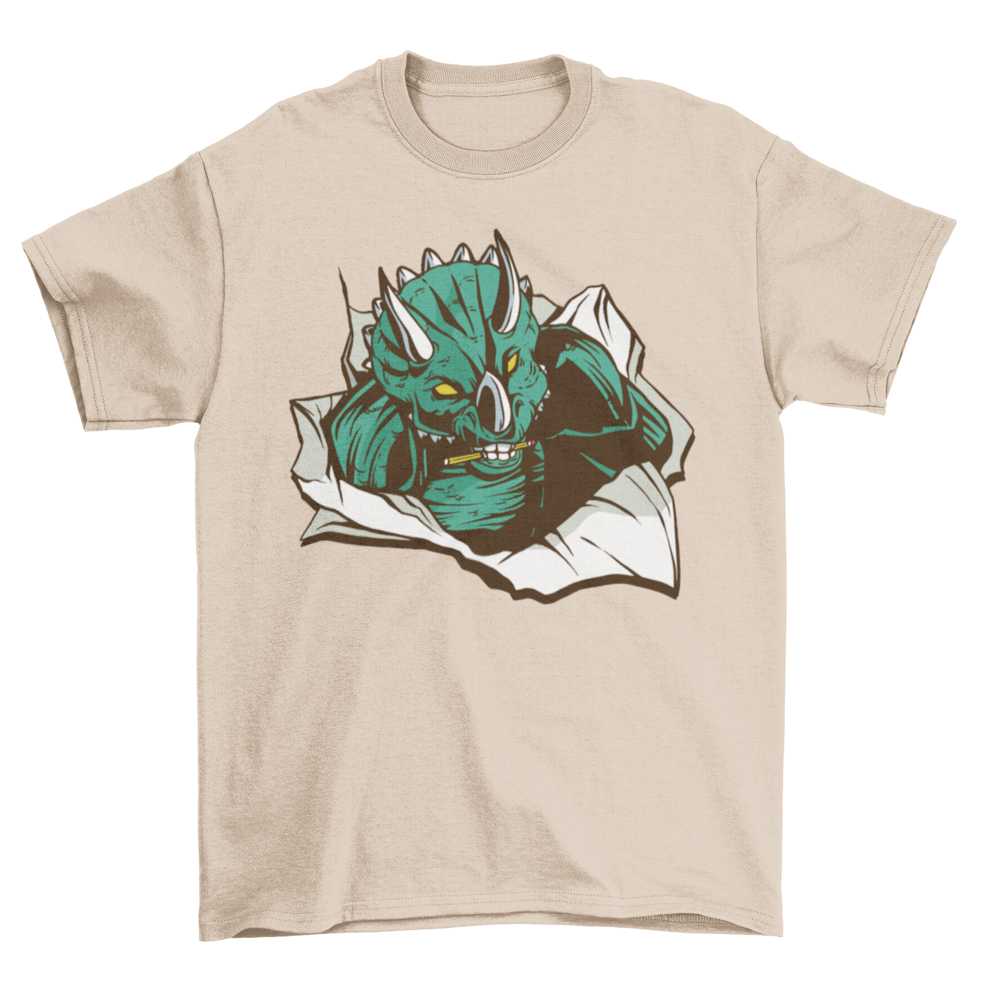 Triceratops paper t-shirt featuring a dinosaur breaking through paper with a pencil in its mouth, showcasing a unique and playful design.