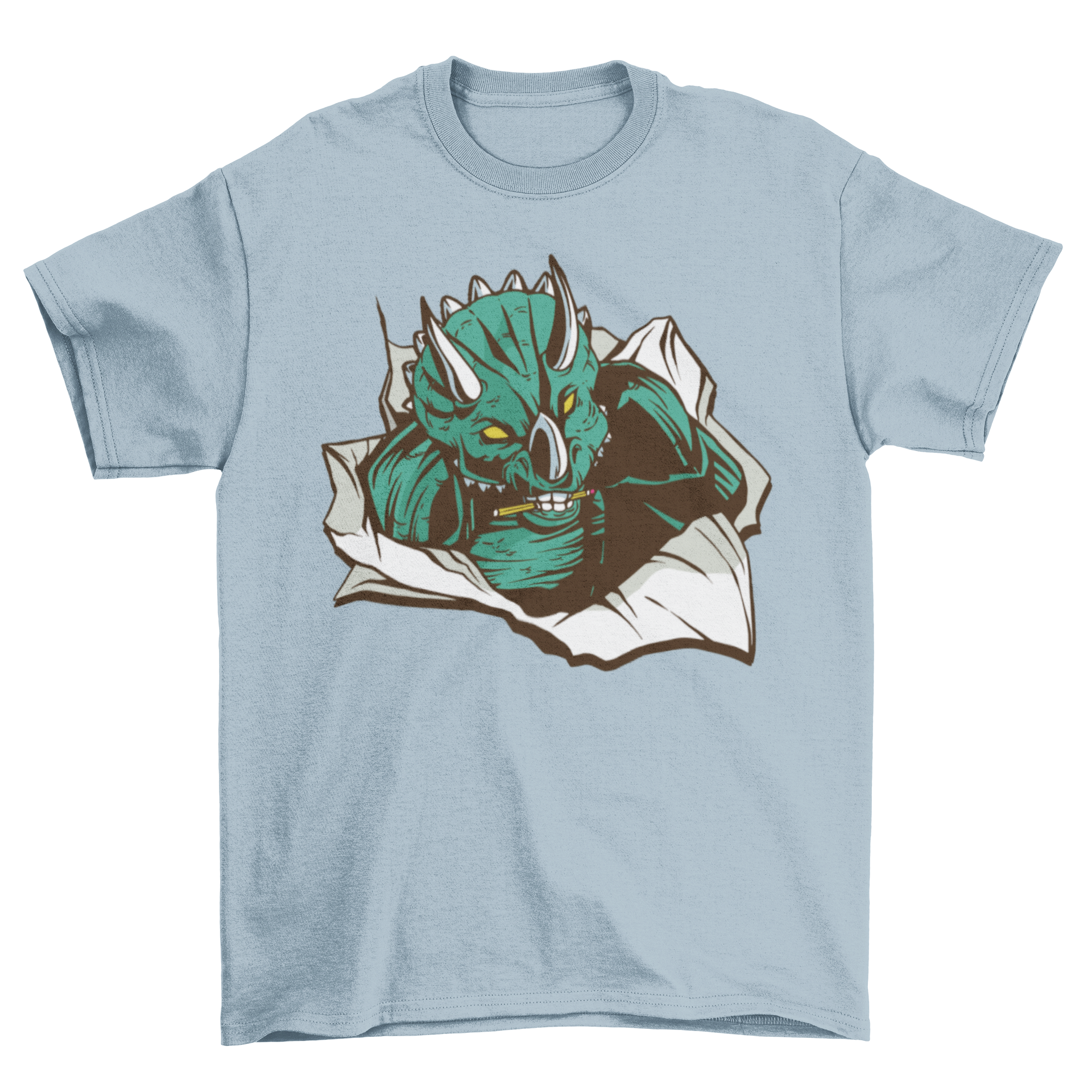 Triceratops paper t-shirt featuring a dinosaur breaking through paper with a pencil in its mouth, showcasing a unique and playful design.