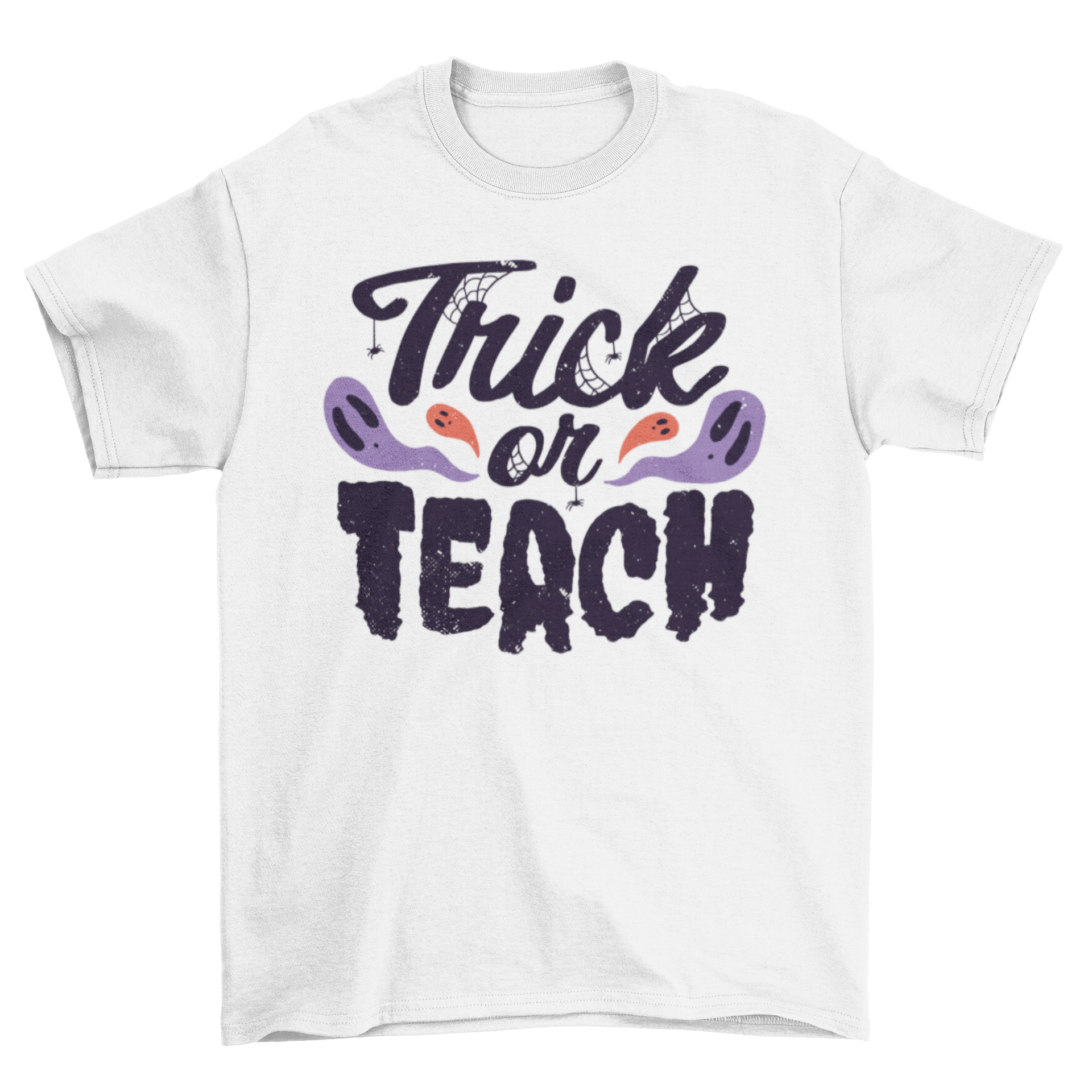 Trick or Teach Halloween t-shirt featuring a playful quote in vibrant colors, perfect for teachers and Halloween celebrations.