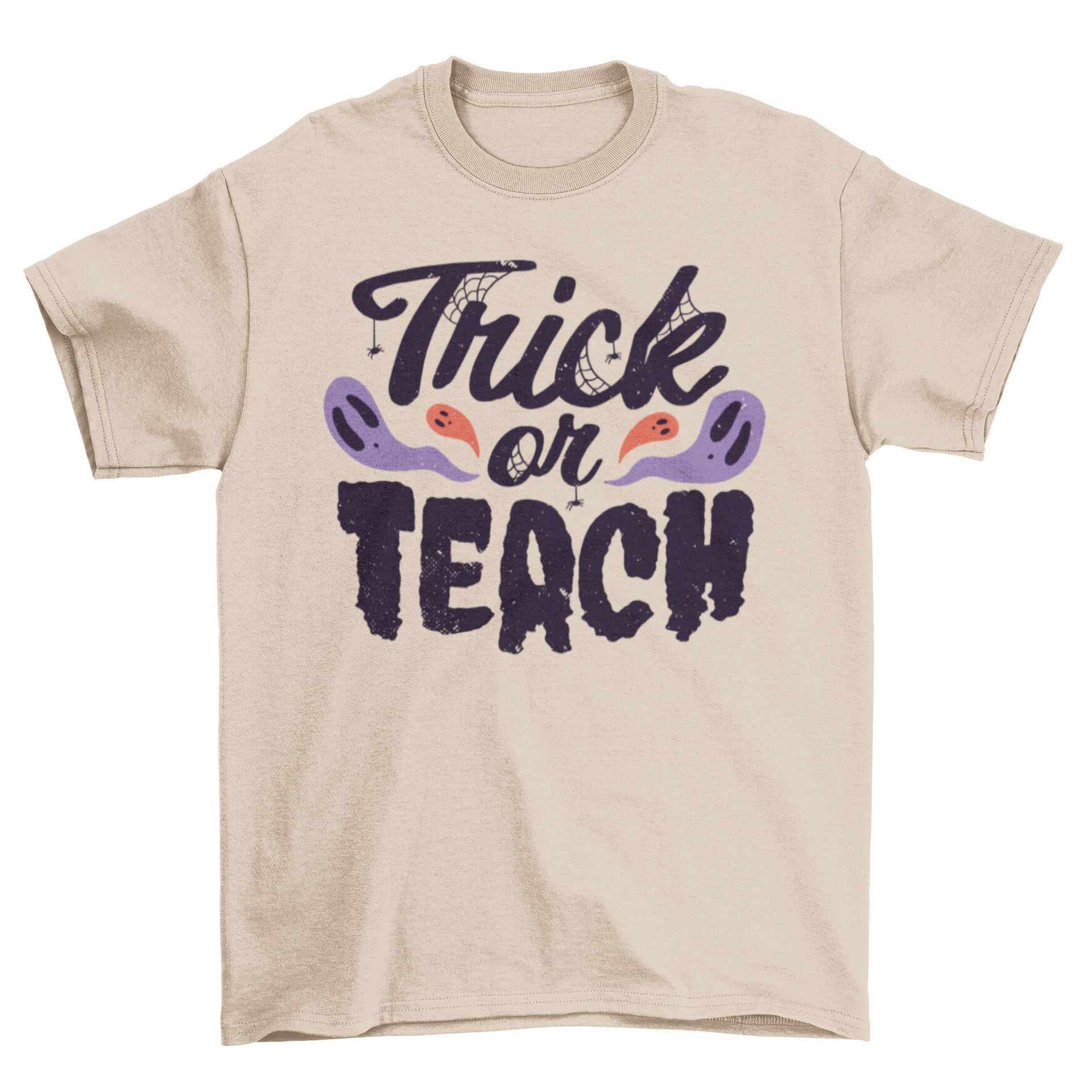 Trick or Teach Halloween t-shirt featuring a playful quote in vibrant colors, perfect for teachers and Halloween celebrations.