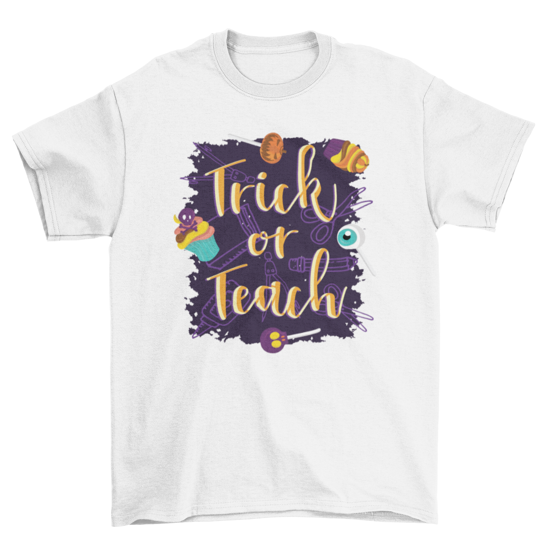 Trick or Teach Halloween T-shirt featuring Halloween sweets and school supplies design.