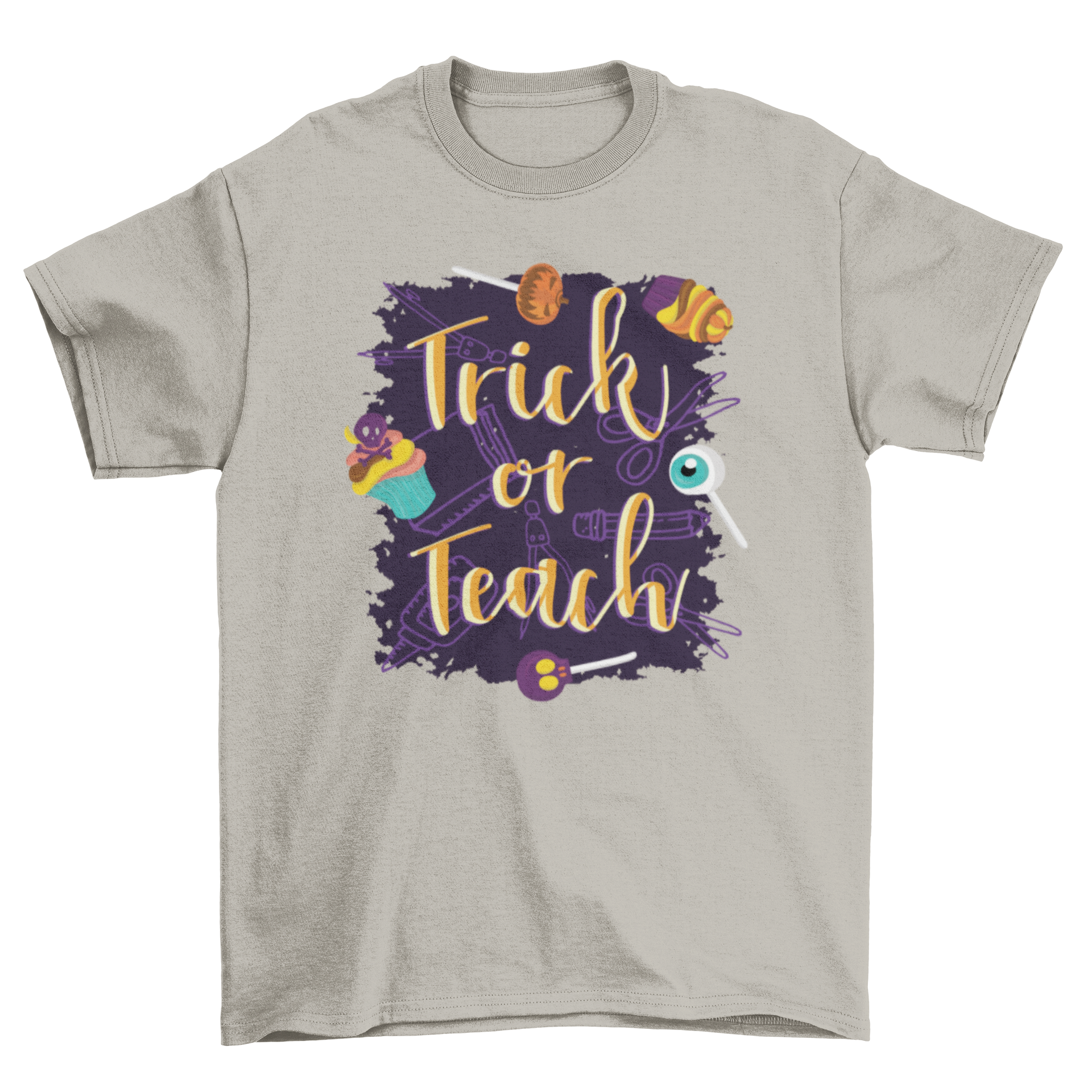 Trick or Teach Halloween T-shirt featuring Halloween sweets and school supplies design.