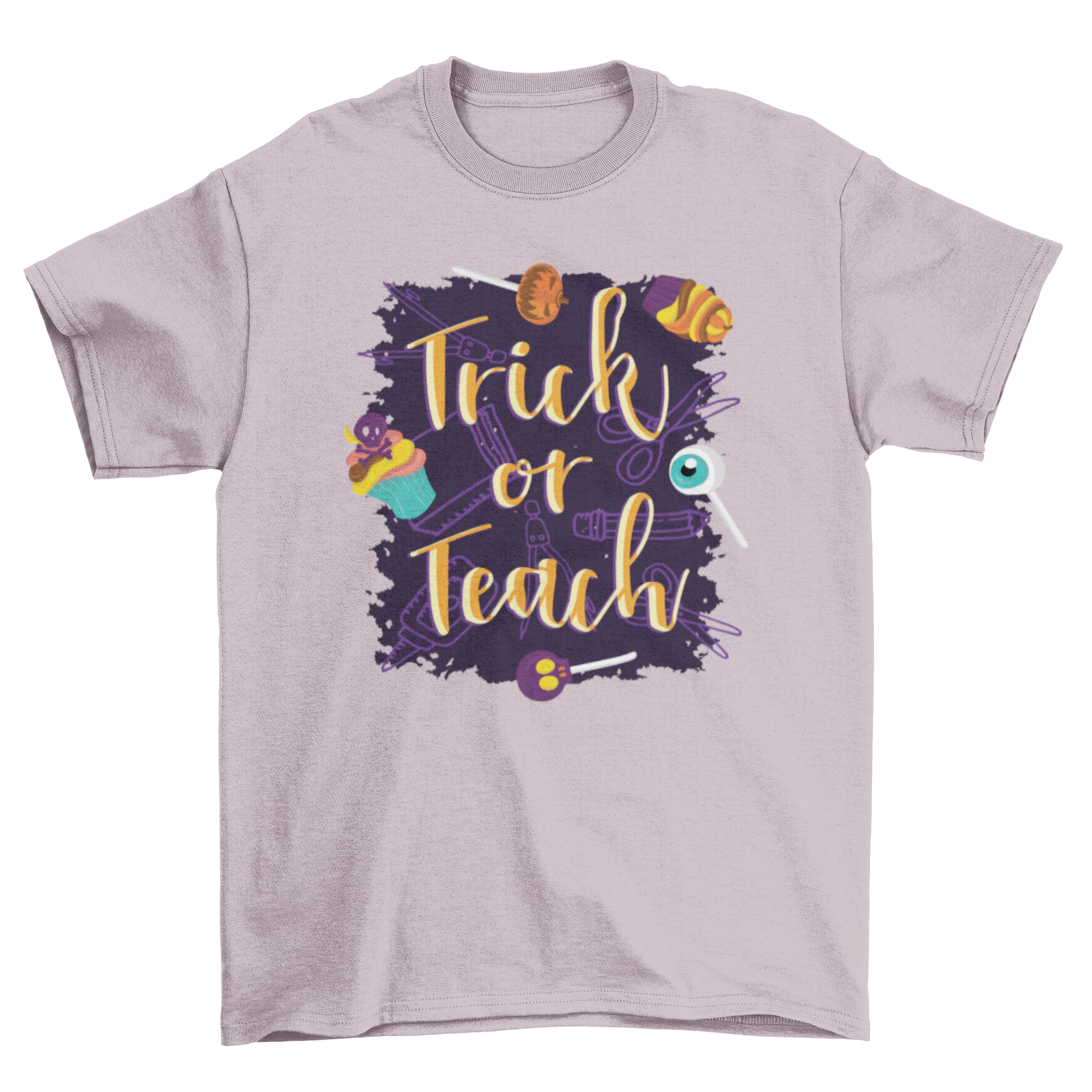 Trick or Teach Halloween T-shirt featuring Halloween sweets and school supplies design.