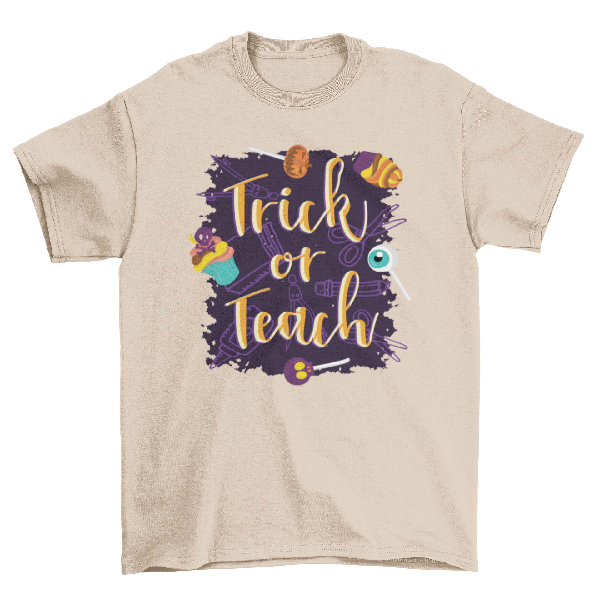 Trick or Teach Halloween T-shirt featuring Halloween sweets and school supplies design.