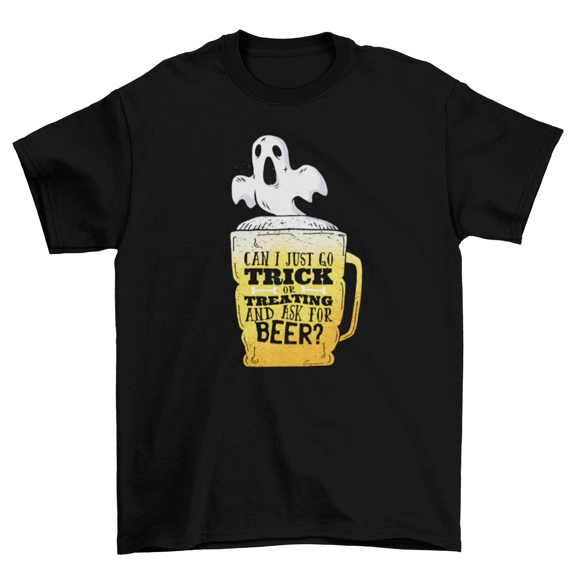 Trick or Treat Beer T-Shirt featuring a ghost over a beer mug with a humorous Halloween quote.