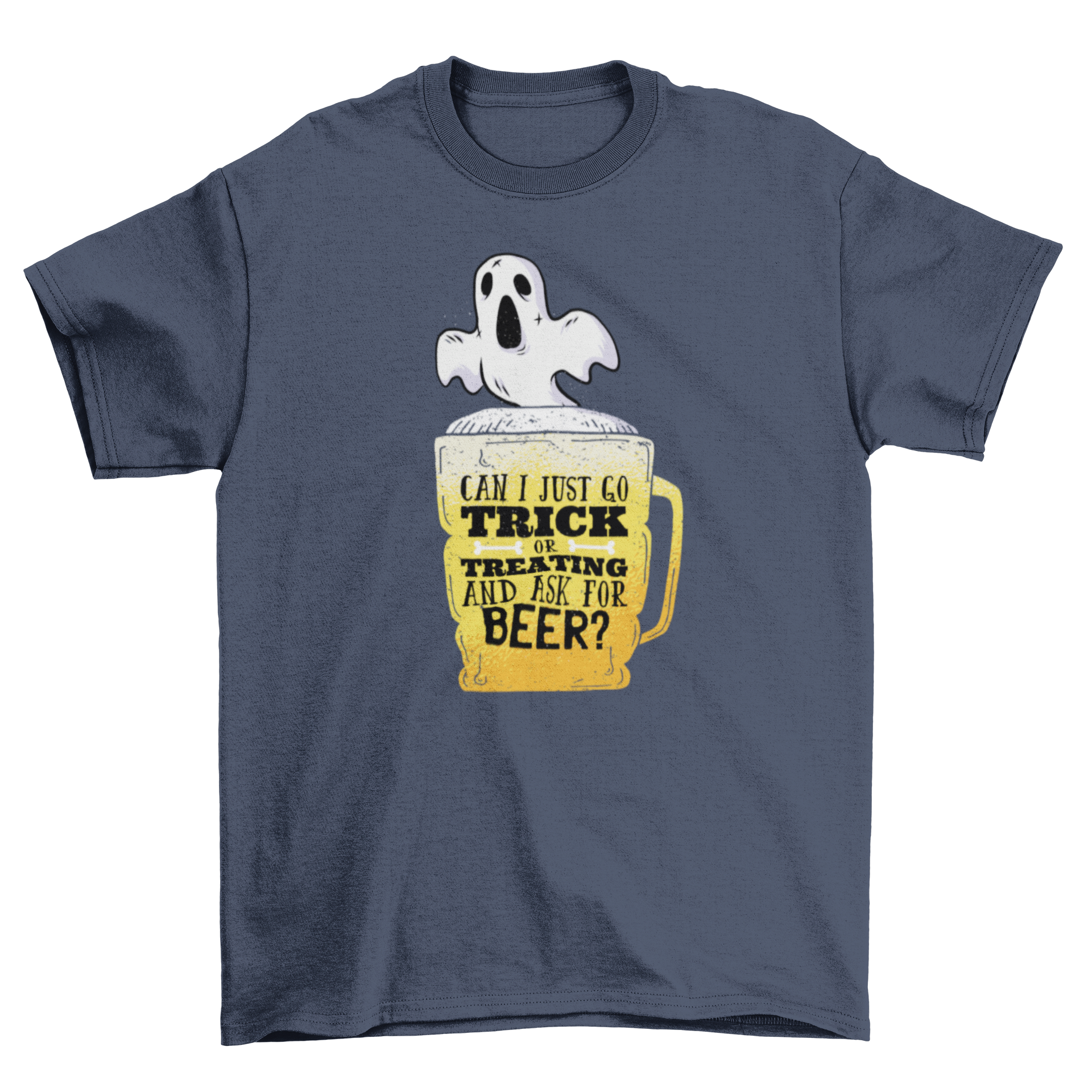 Trick or Treat Beer T-Shirt featuring a ghost over a beer mug with a humorous Halloween quote.