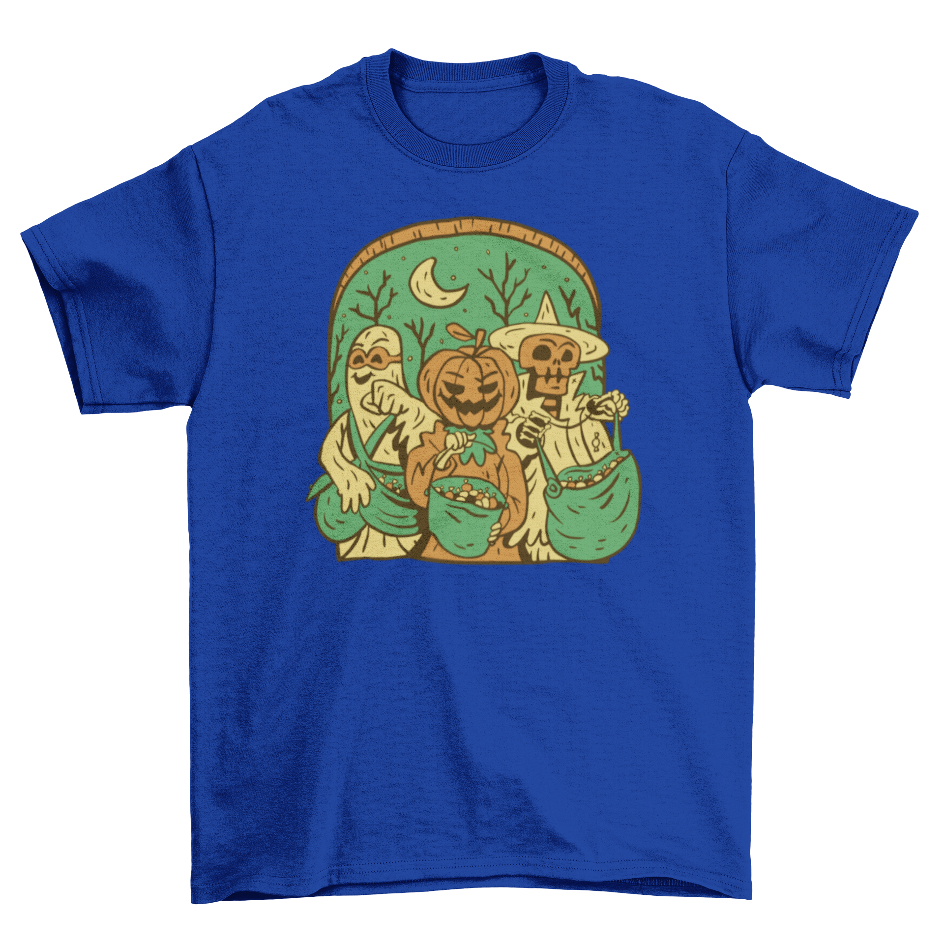 A colorful t-shirt design featuring three Halloween monsters trick-or-treating, perfect for Halloween celebrations.