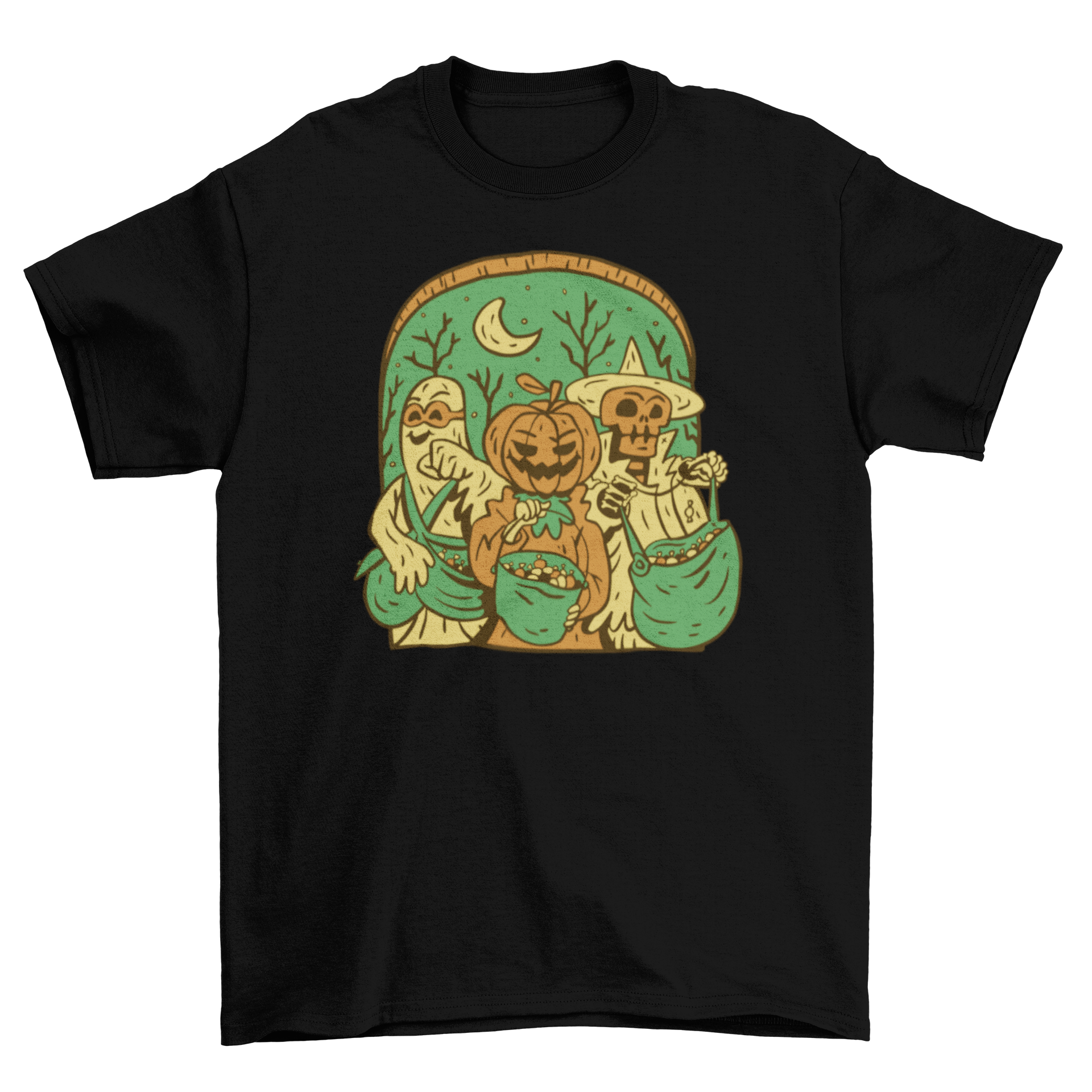 A colorful t-shirt design featuring three Halloween monsters trick-or-treating, perfect for Halloween celebrations.