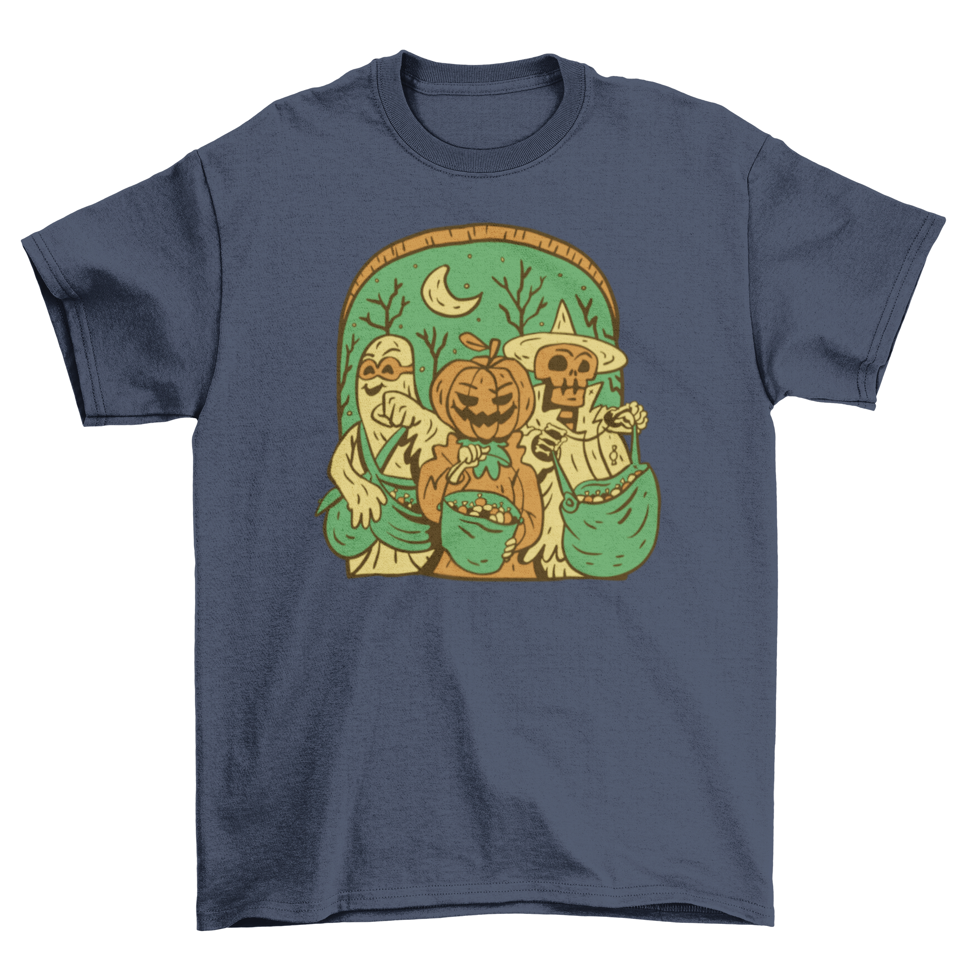 A colorful t-shirt design featuring three Halloween monsters trick-or-treating, perfect for Halloween celebrations.