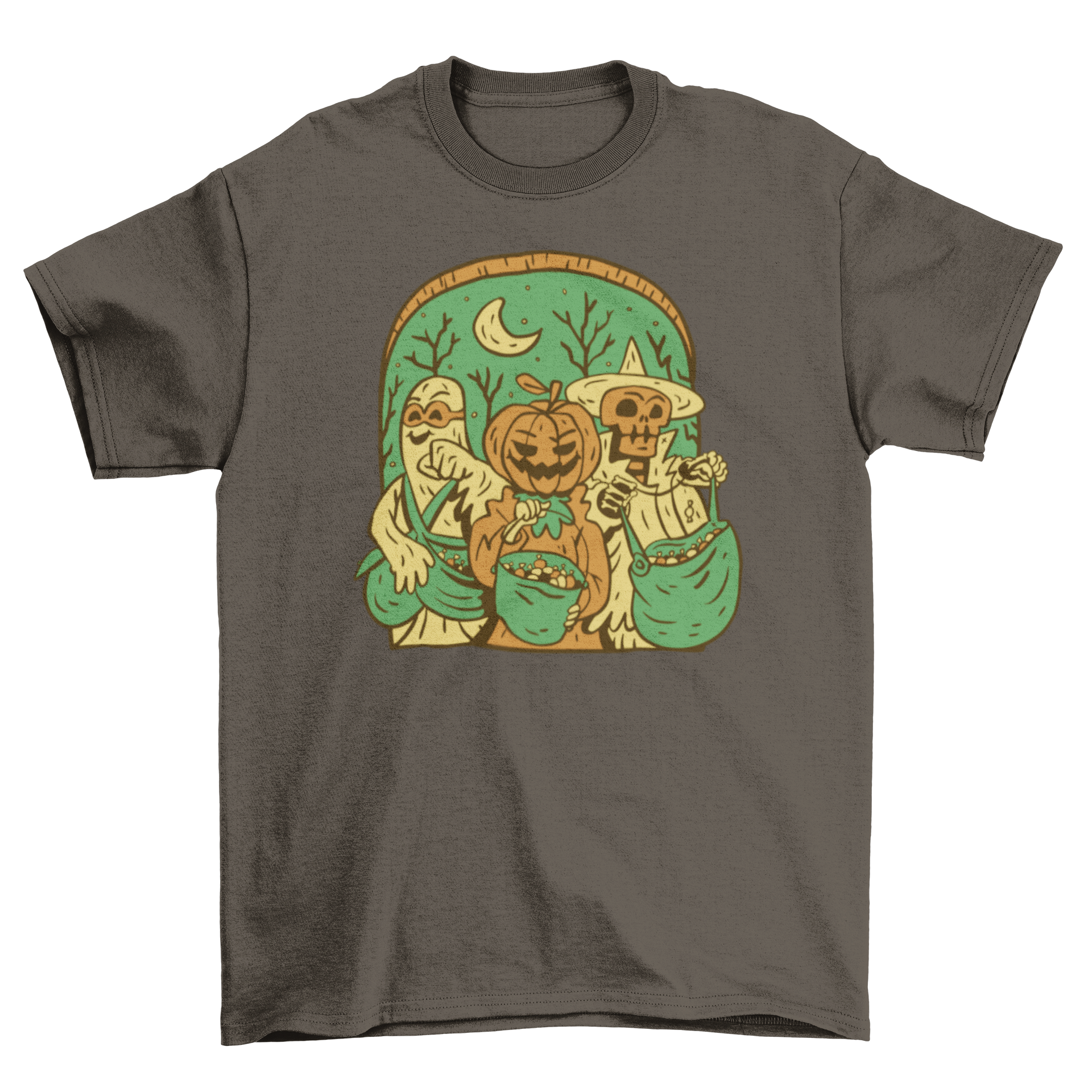 A colorful t-shirt design featuring three Halloween monsters trick-or-treating, perfect for Halloween celebrations.