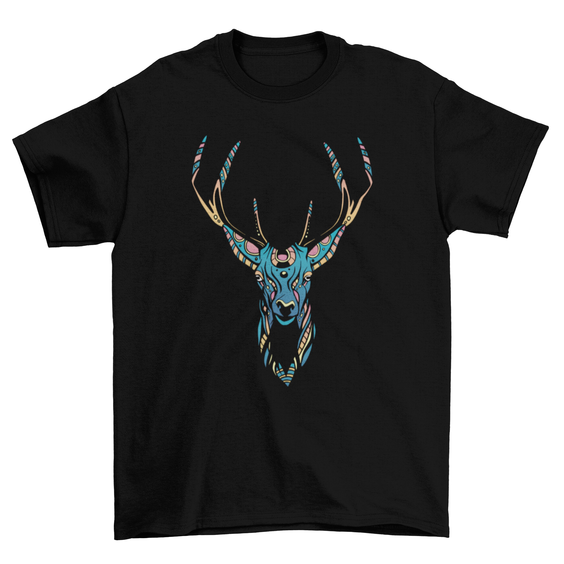 A colorful trippy deer design on a stylish T-shirt, showcasing vibrant psychedelic patterns.