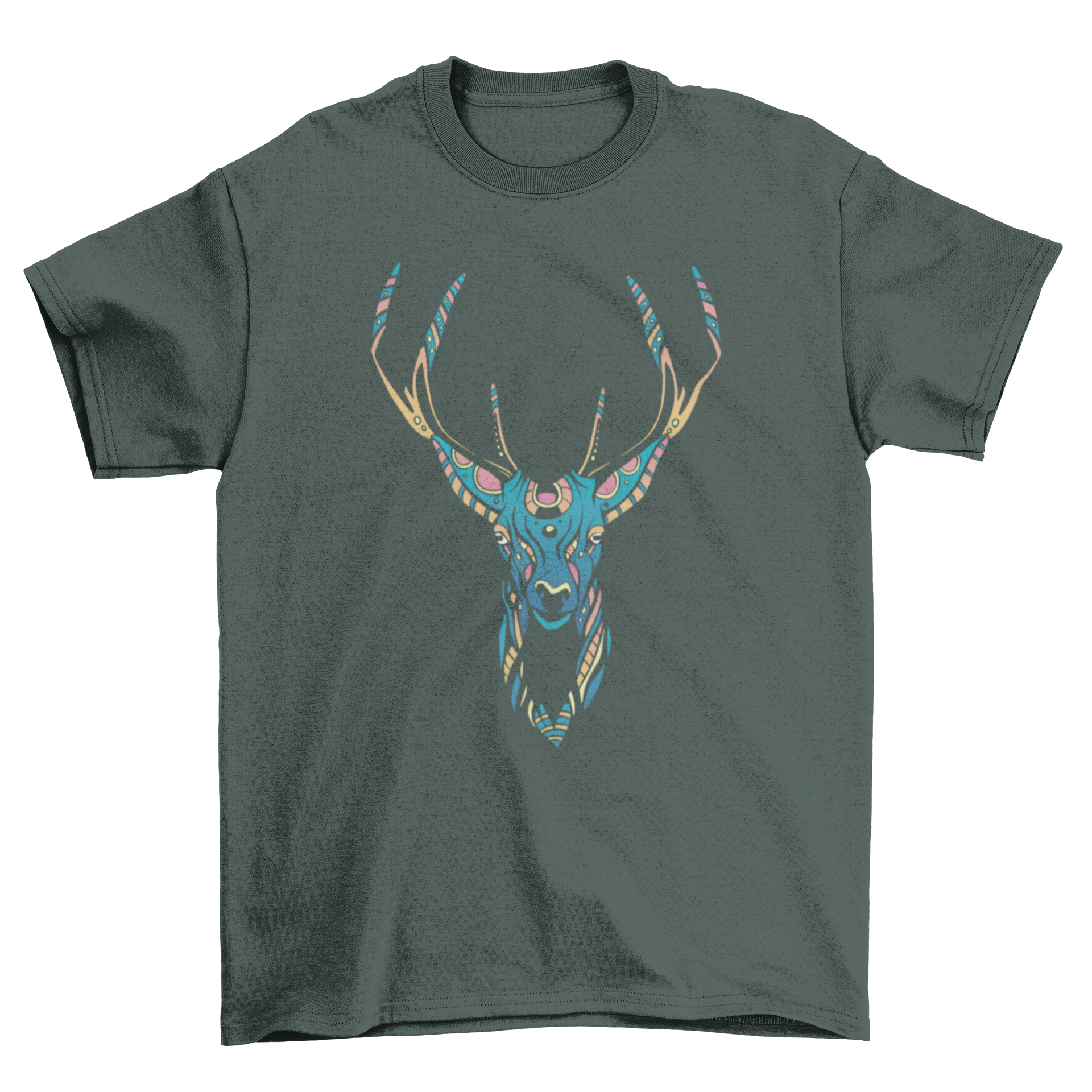 A colorful trippy deer design on a stylish T-shirt, showcasing vibrant psychedelic patterns.