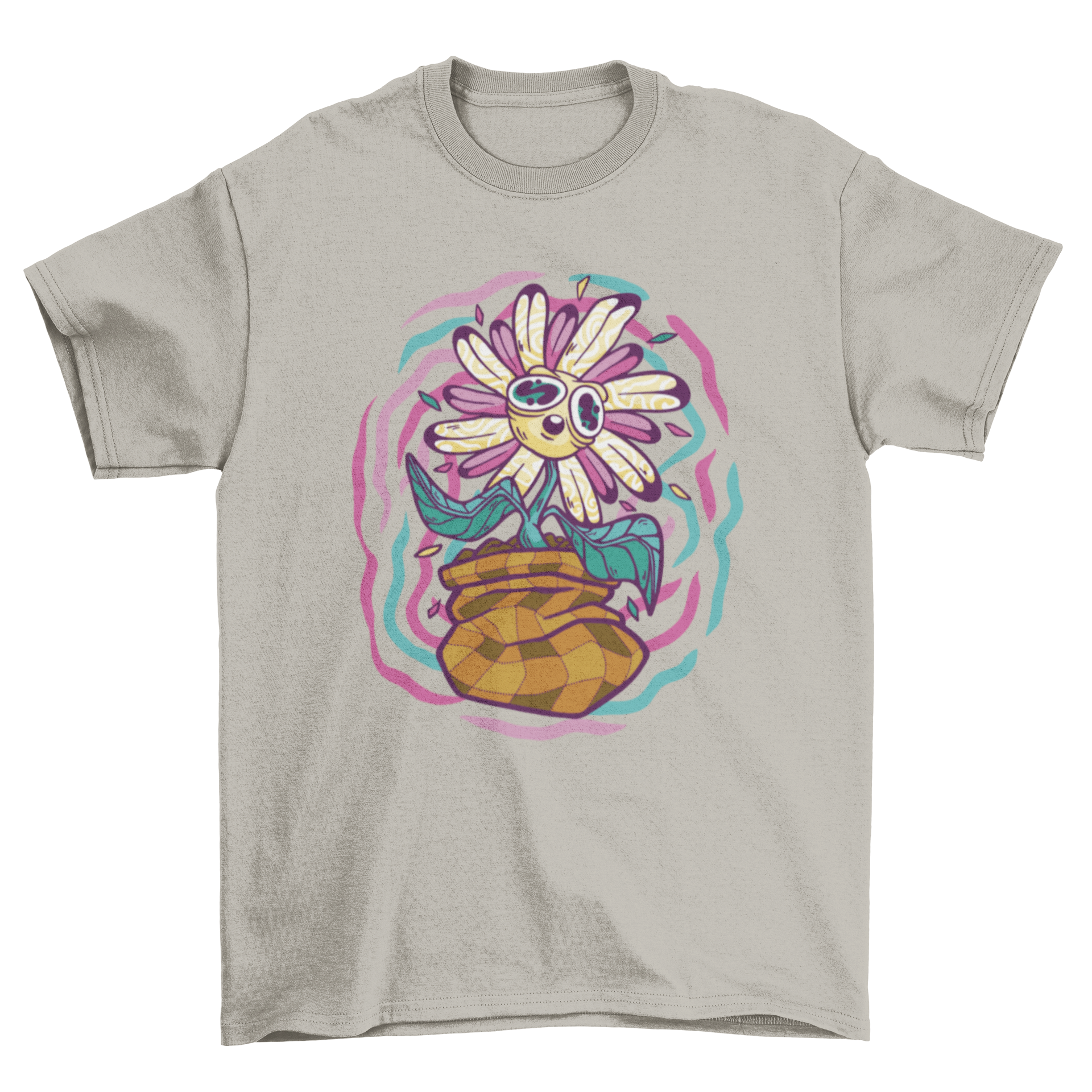 A vibrant t-shirt featuring a psychedelic flower design in bright colors, showcasing intricate patterns.