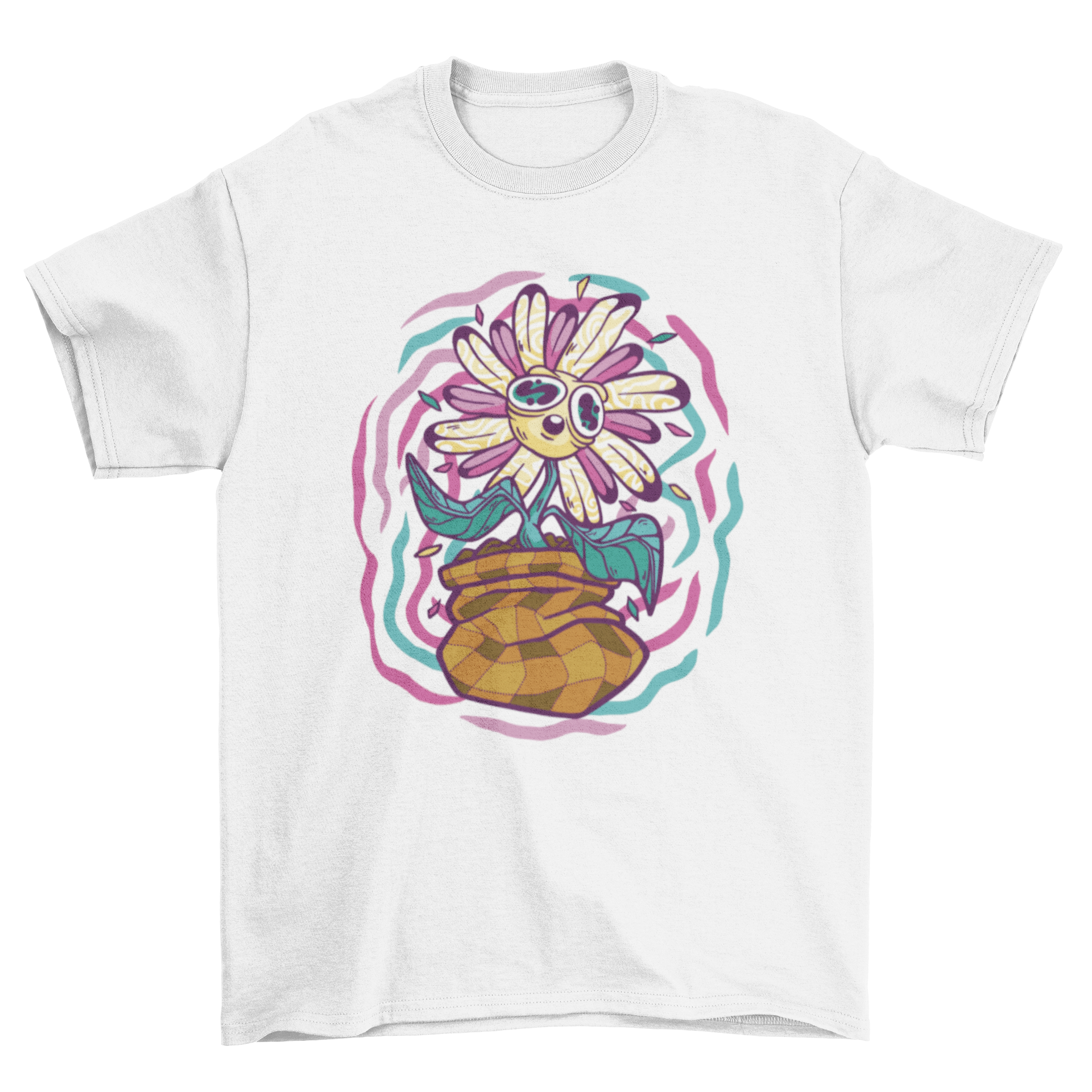 A vibrant t-shirt featuring a psychedelic flower design in bright colors, showcasing intricate patterns.