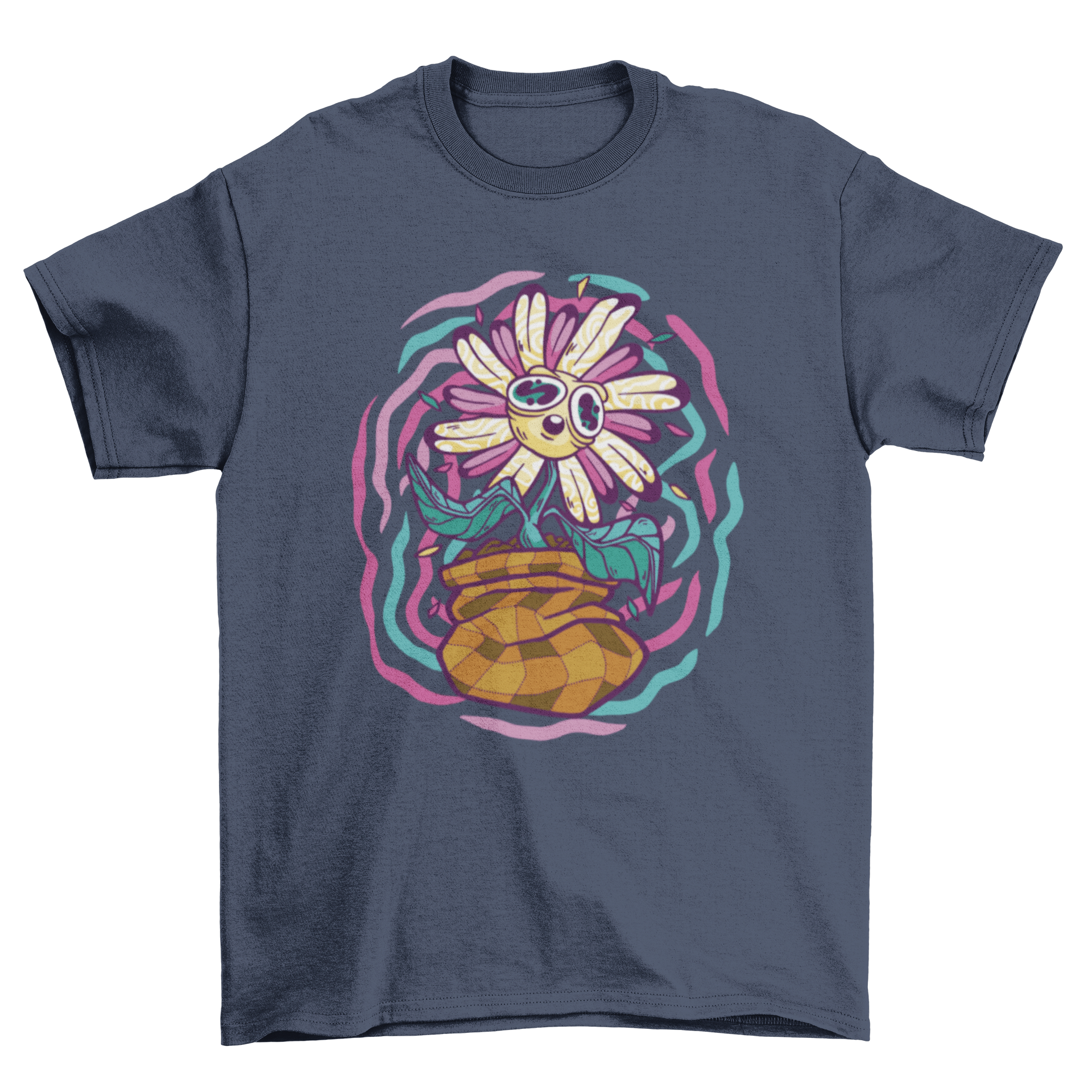 A vibrant t-shirt featuring a psychedelic flower design in bright colors, showcasing intricate patterns.