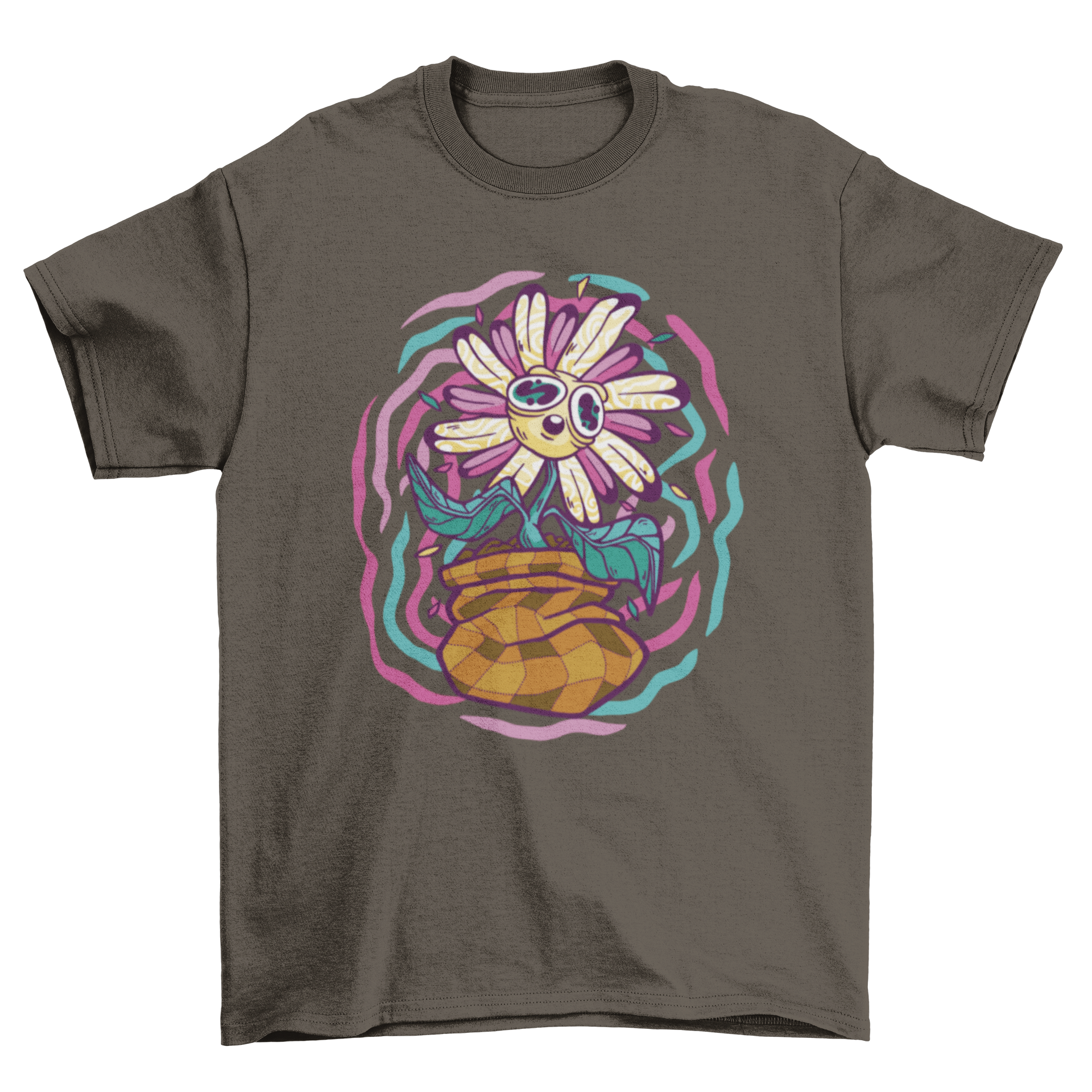 A vibrant t-shirt featuring a psychedelic flower design in bright colors, showcasing intricate patterns.