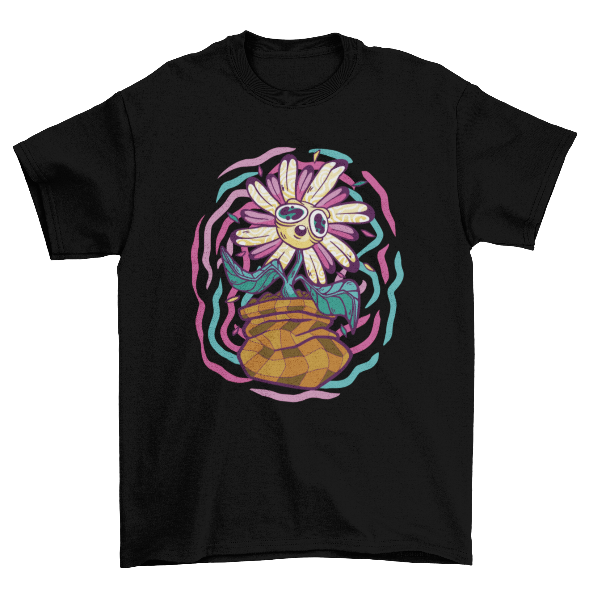 A vibrant t-shirt featuring a psychedelic flower design in bright colors, showcasing intricate patterns.