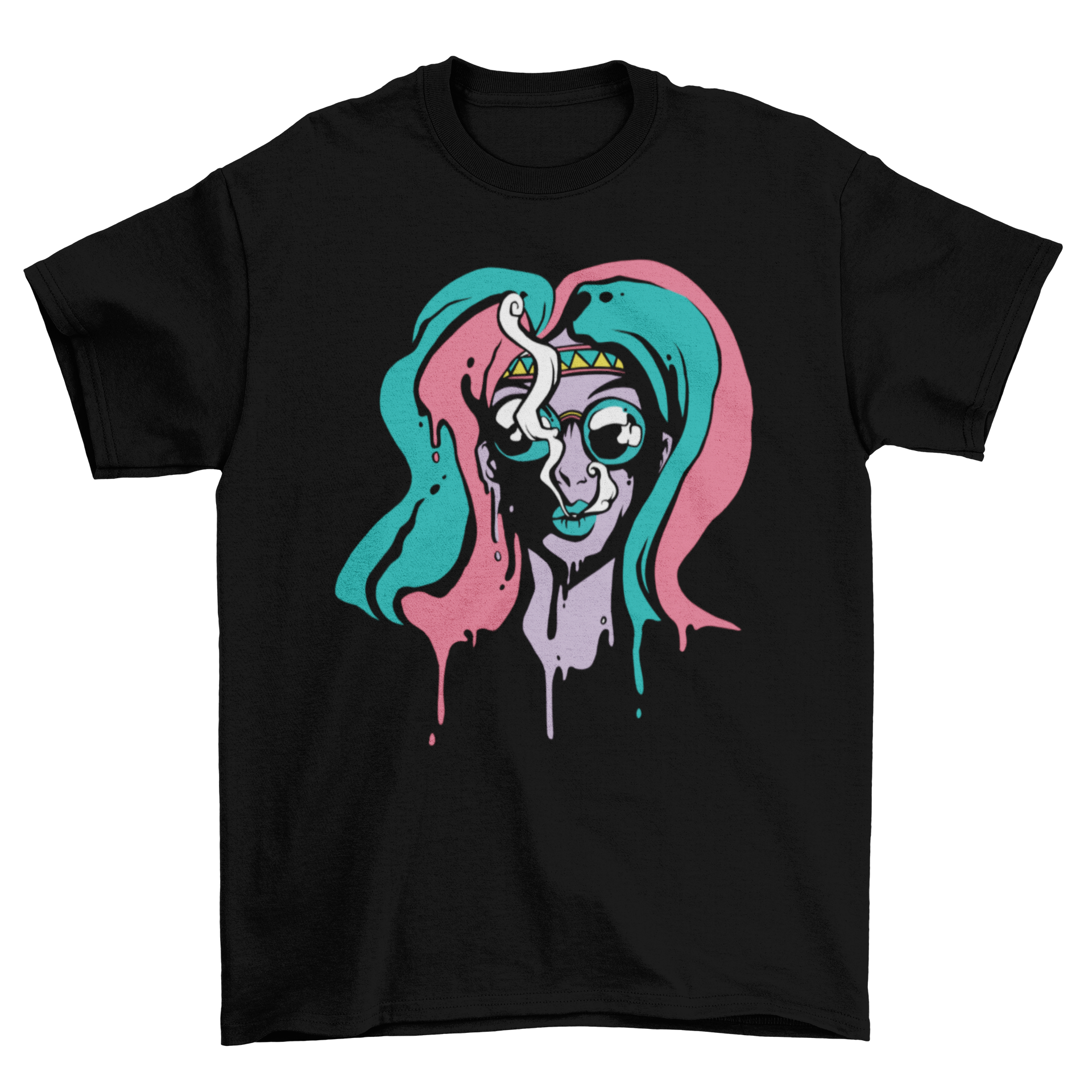 A colorful psychedelic t-shirt featuring a woman in a trippy design, showcasing vibrant colors and artistic flair.