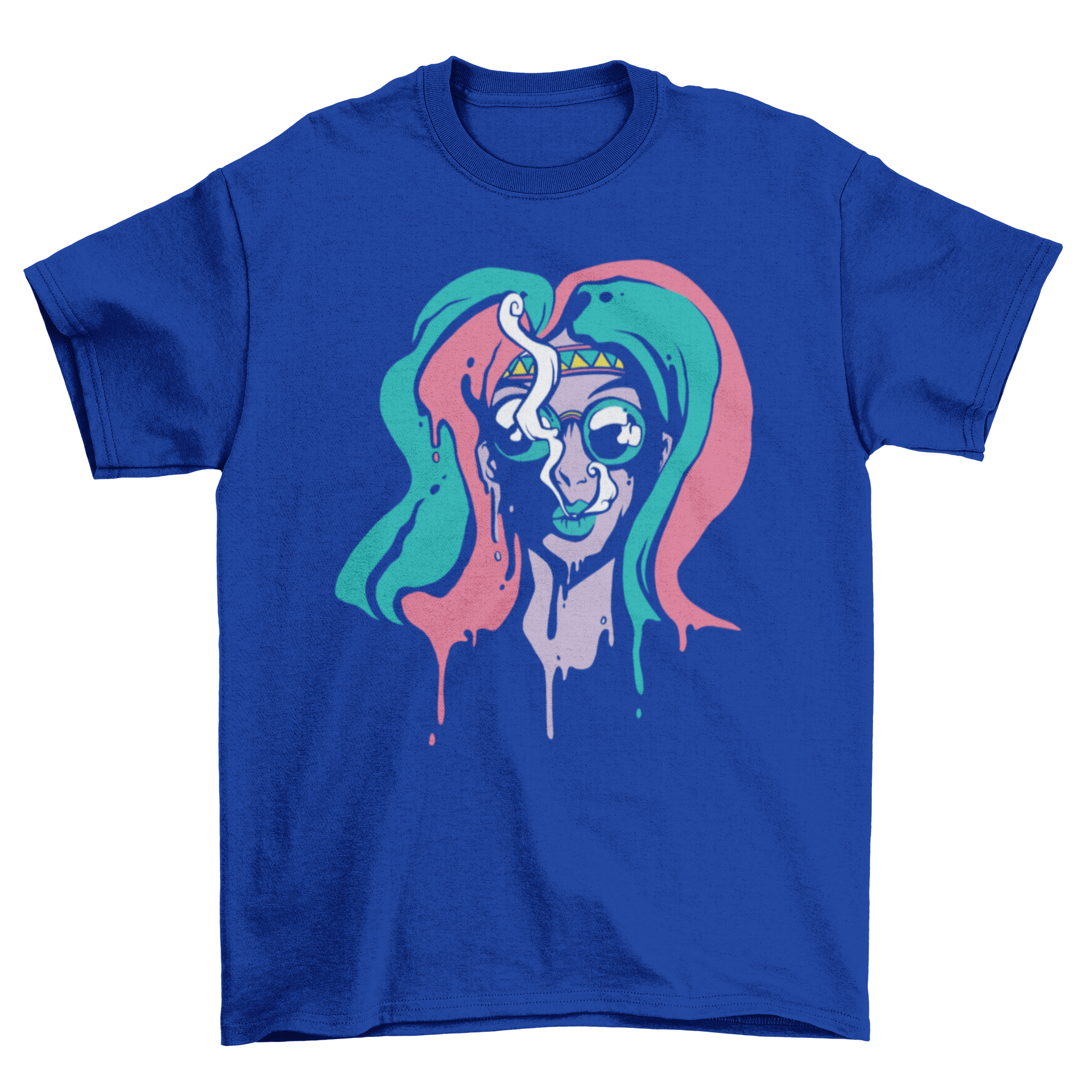 A colorful psychedelic t-shirt featuring a woman in a trippy design, showcasing vibrant colors and artistic flair.