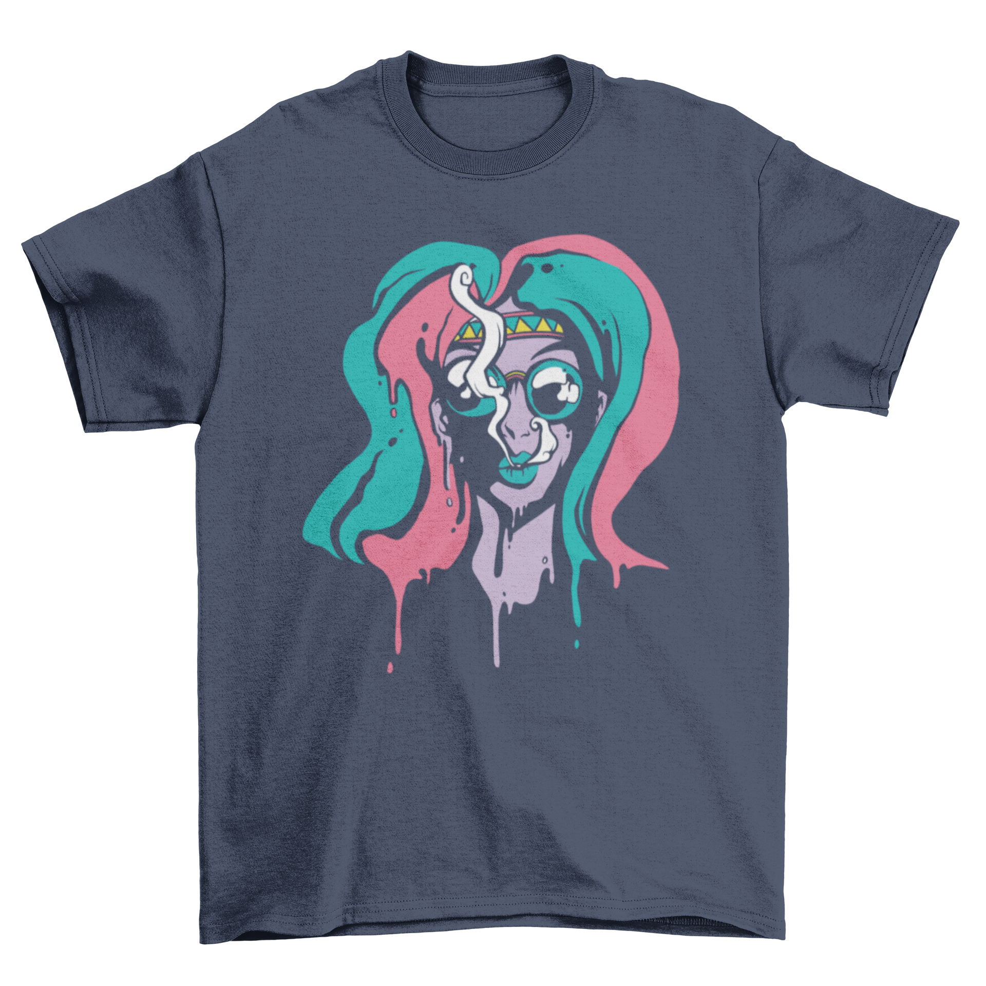 A colorful psychedelic t-shirt featuring a woman in a trippy design, showcasing vibrant colors and artistic flair.