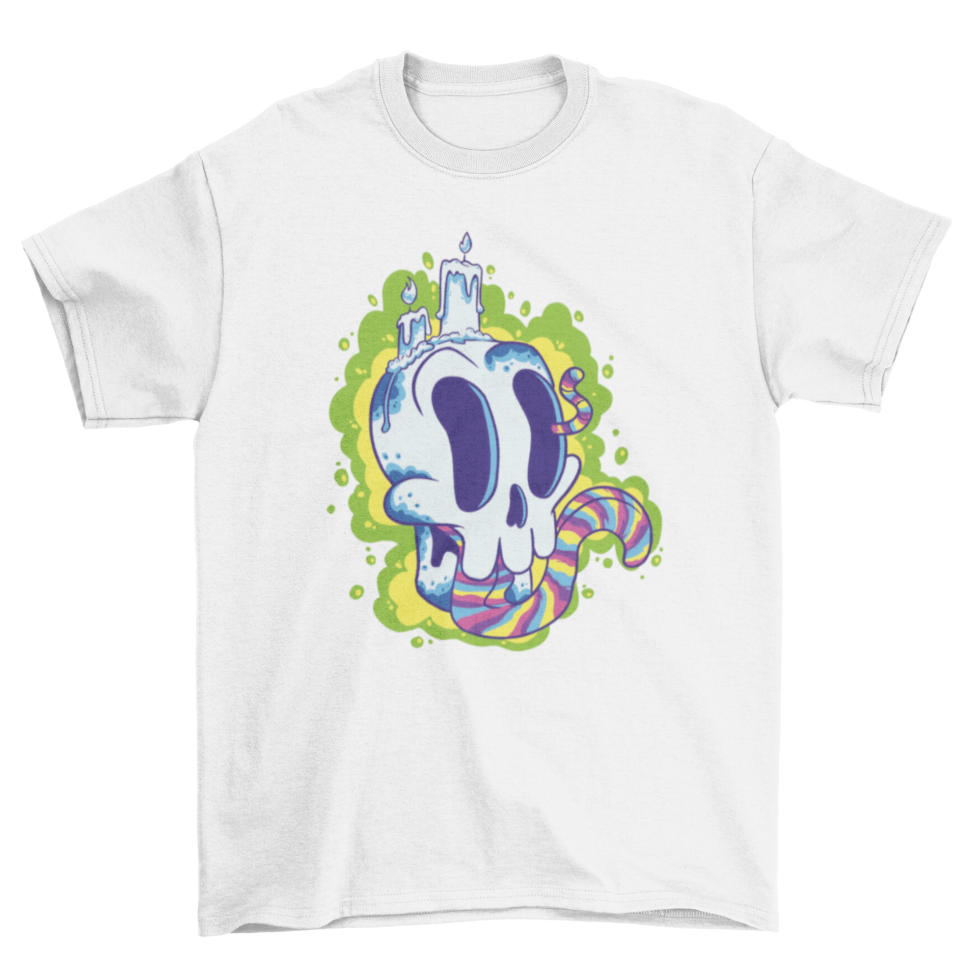 A vibrant Trippy Halloween skull t-shirt featuring a colorful skull design with a rainbow tongue, perfect for Halloween festivities.