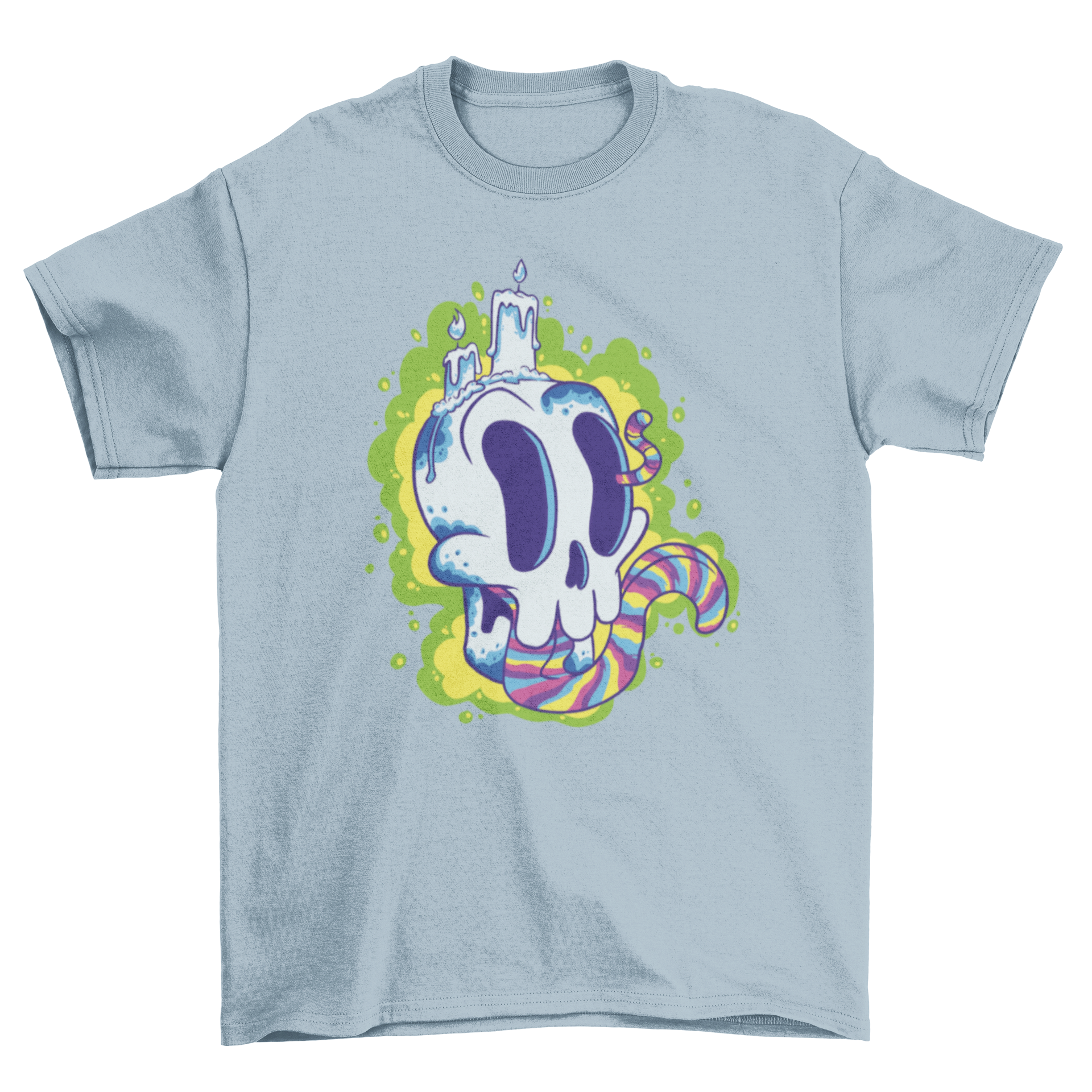 A vibrant Trippy Halloween skull t-shirt featuring a colorful skull design with a rainbow tongue, perfect for Halloween festivities.