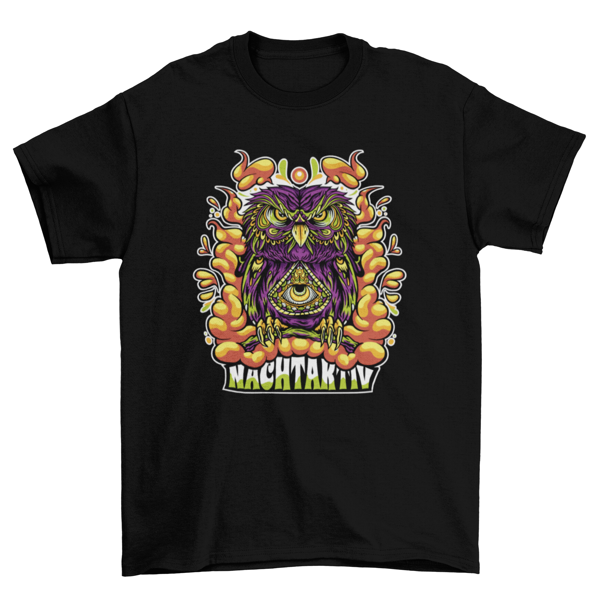 Vibrant Trippy Owl T-Shirt design featuring an owl with a third eye and the quote 'Nachtaktiv' in bright colors.