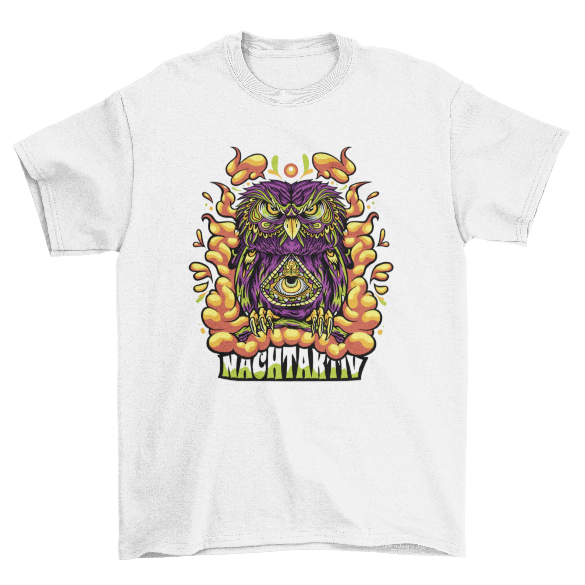 Vibrant Trippy Owl T-Shirt design featuring an owl with a third eye and the quote 'Nachtaktiv' in bright colors.