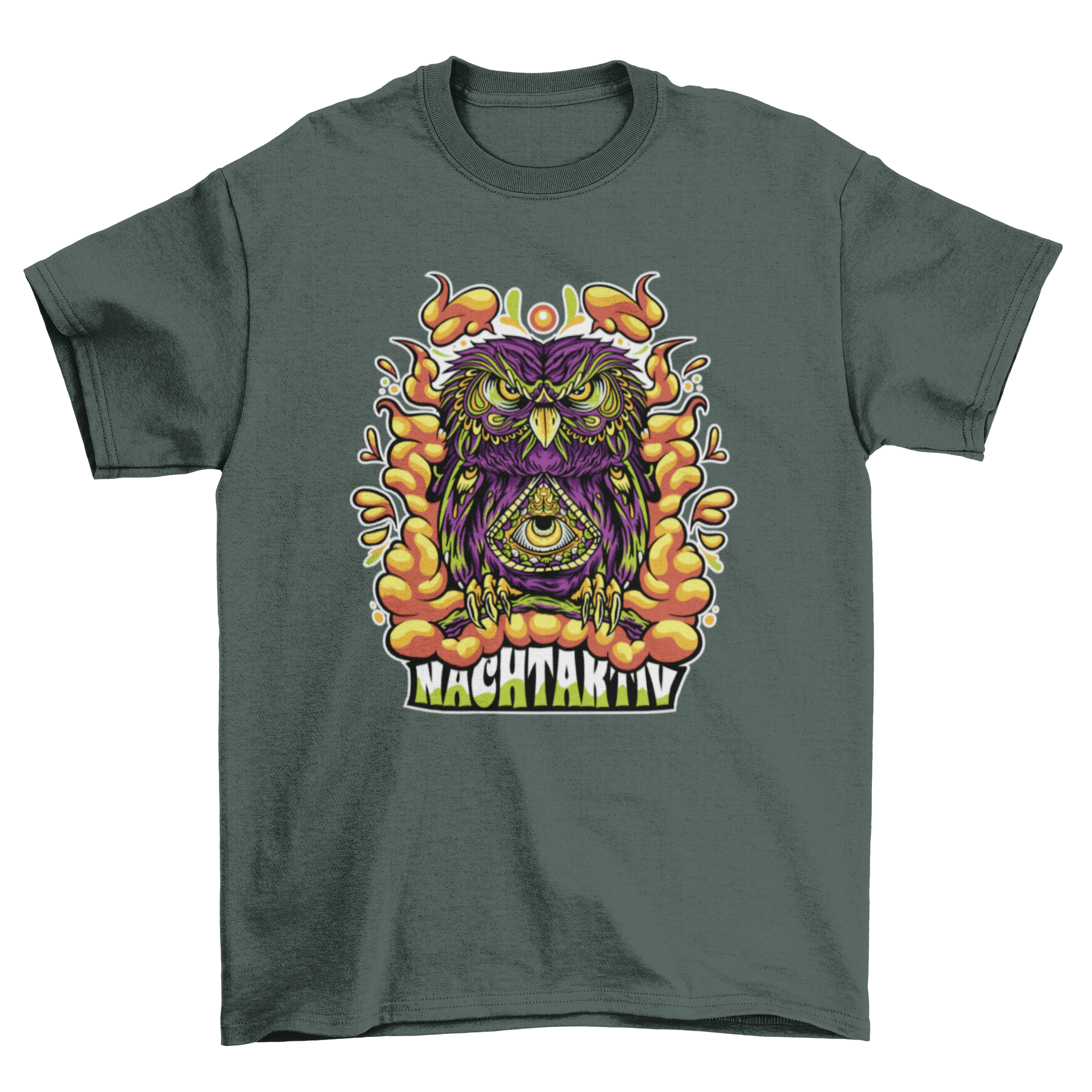 Vibrant Trippy Owl T-Shirt design featuring an owl with a third eye and the quote 'Nachtaktiv' in bright colors.