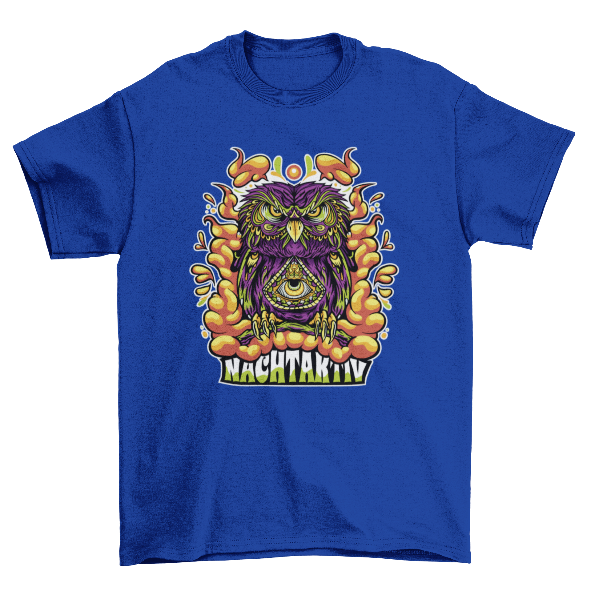 Vibrant Trippy Owl T-Shirt design featuring an owl with a third eye and the quote 'Nachtaktiv' in bright colors.