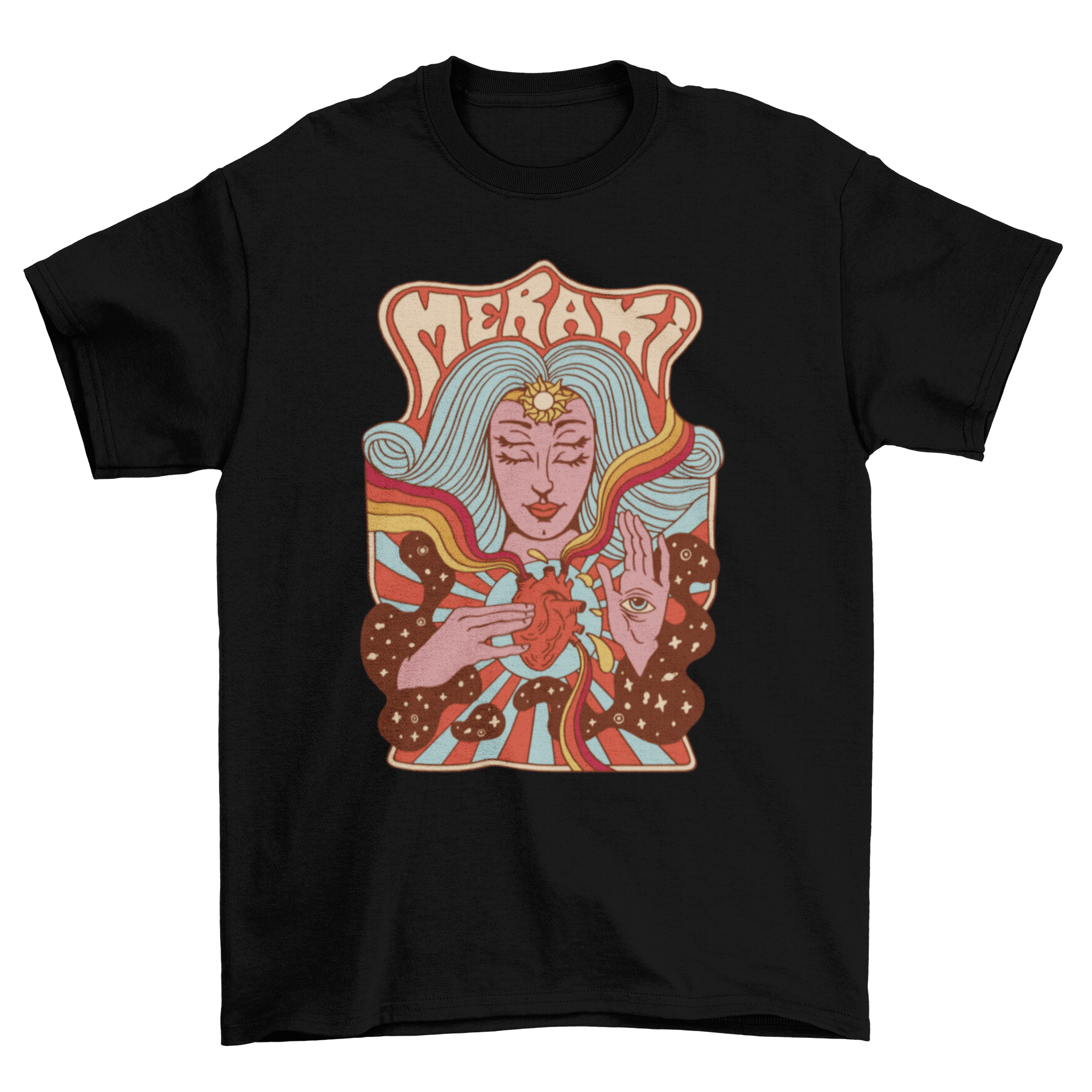 Trippy Passion T-Shirt featuring a woman touching her heart in vintage psychedelic style with Greek quote.