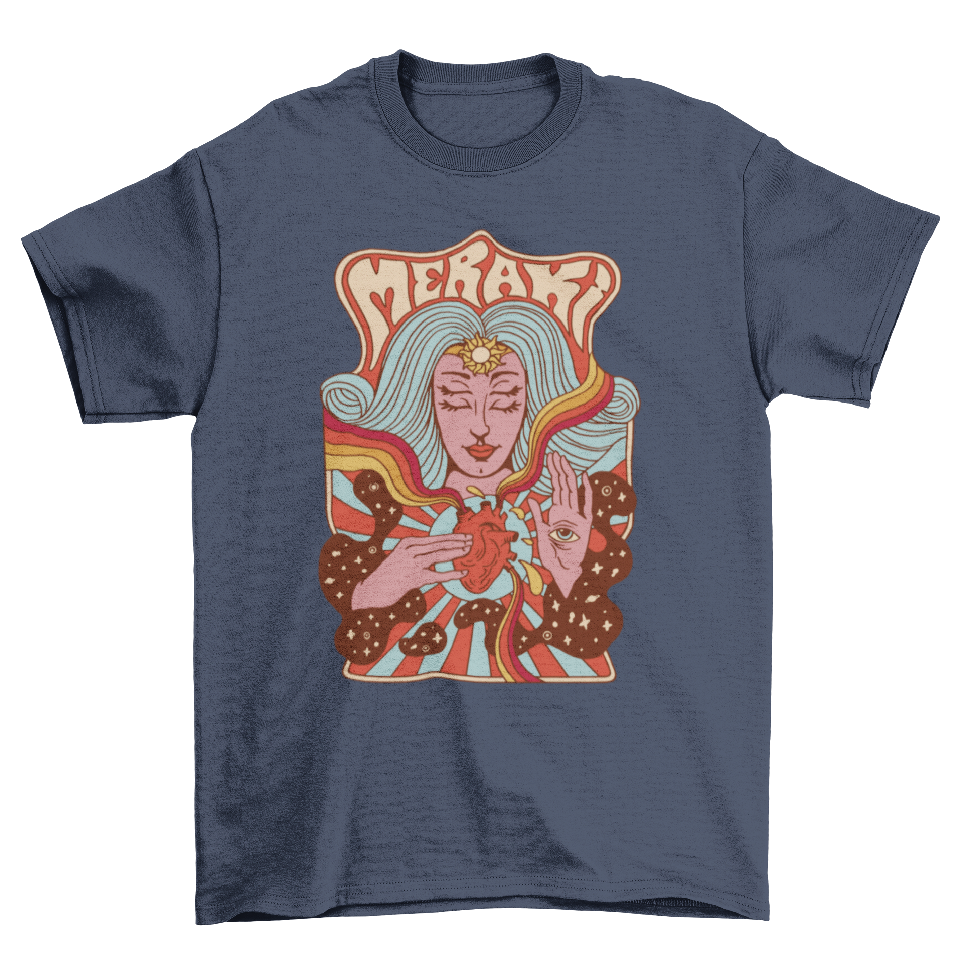 Trippy Passion T-Shirt featuring a woman touching her heart in vintage psychedelic style with Greek quote.