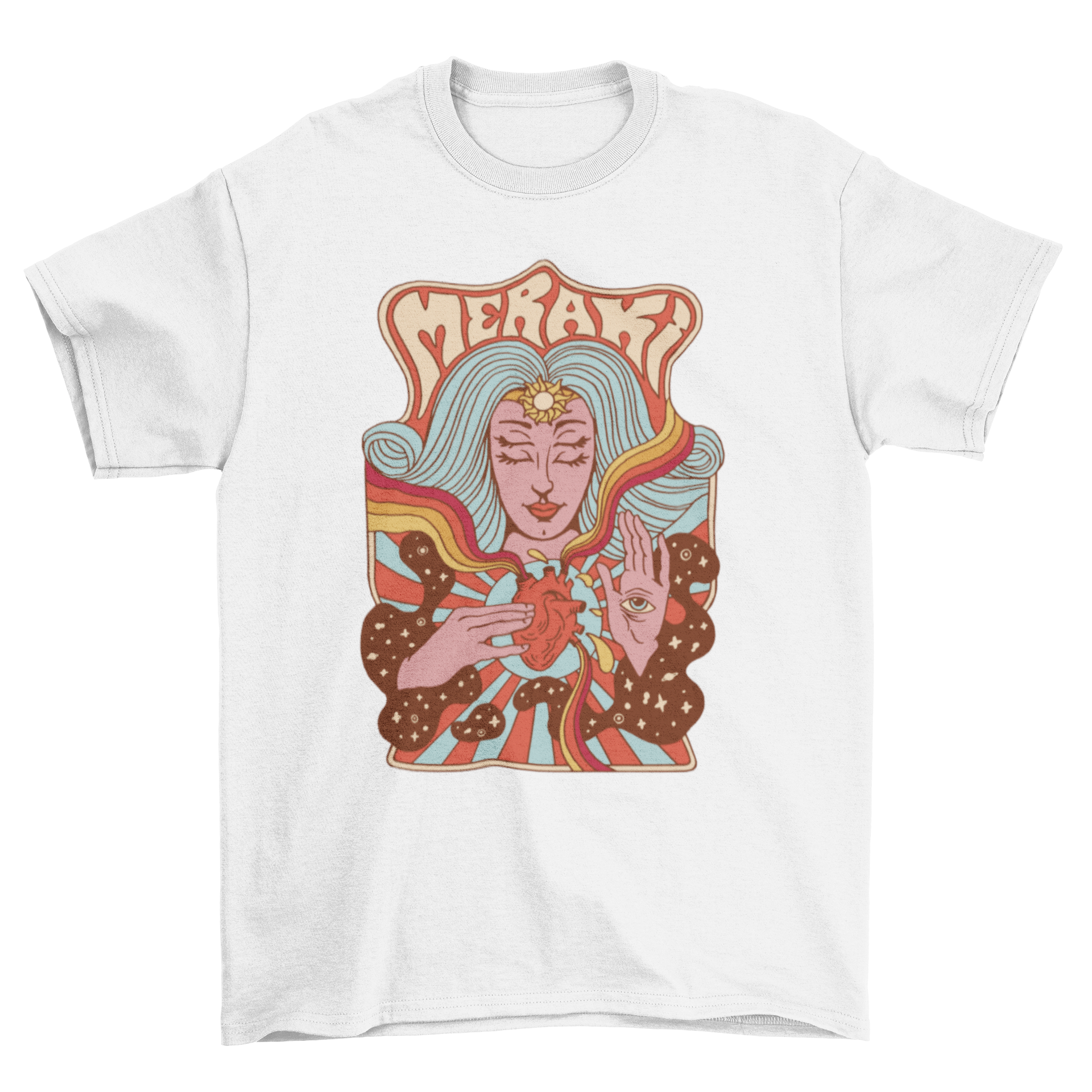 Trippy Passion T-Shirt featuring a woman touching her heart in vintage psychedelic style with Greek quote.