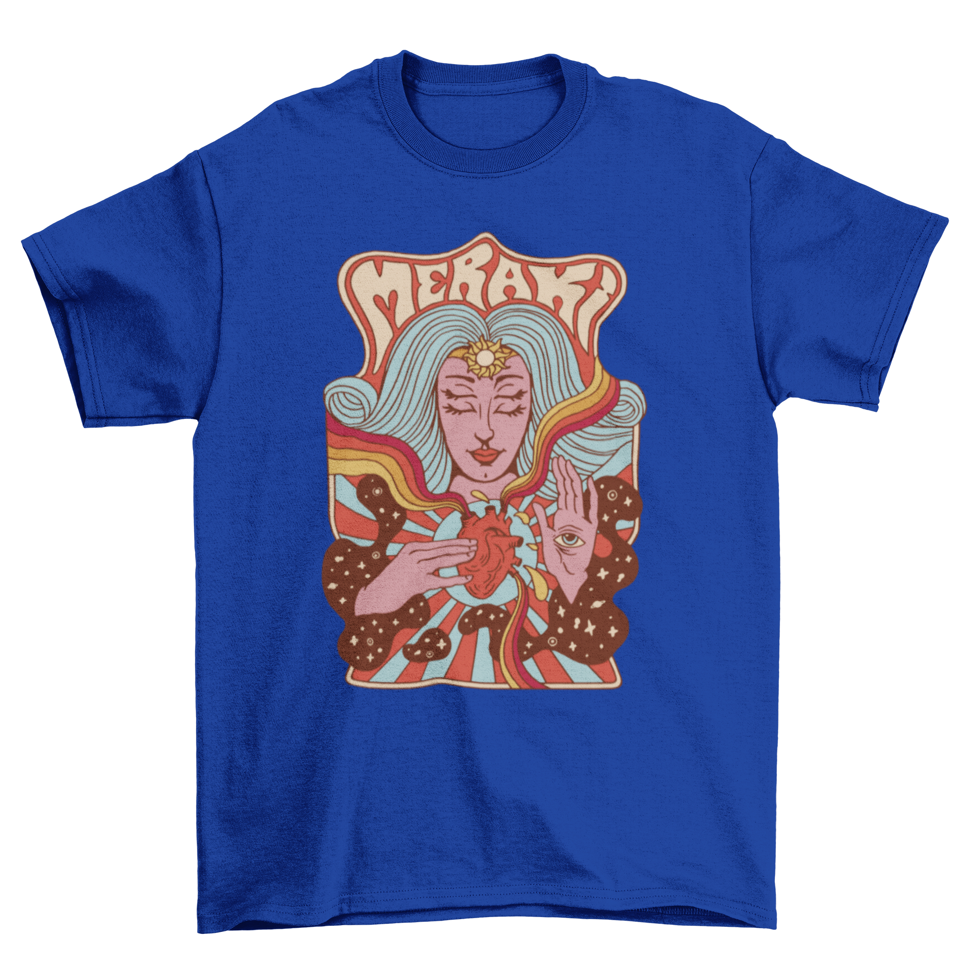 Trippy Passion T-Shirt featuring a woman touching her heart in vintage psychedelic style with Greek quote.