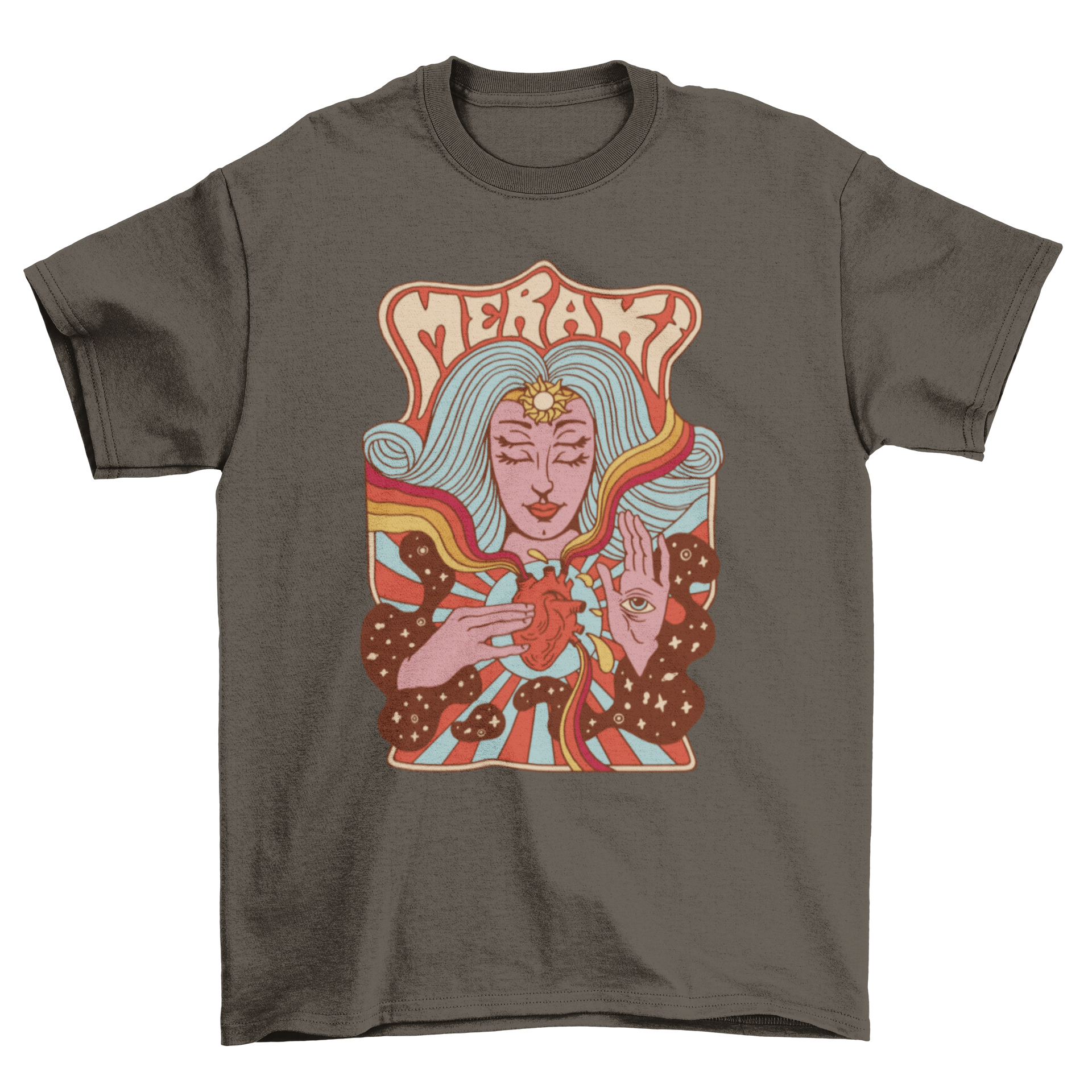 Trippy Passion T-Shirt featuring a woman touching her heart in vintage psychedelic style with Greek quote.