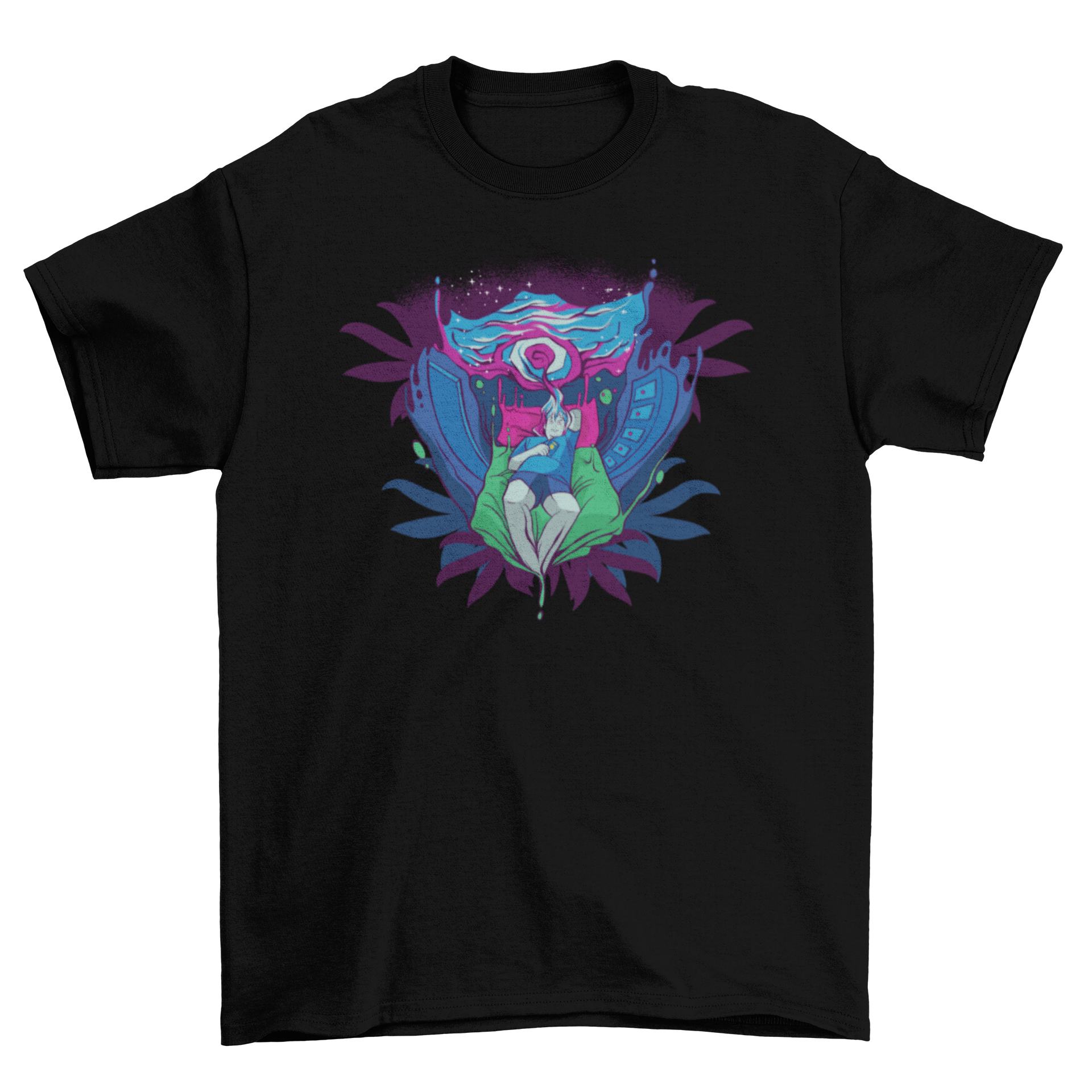 Trippy Portal T-Shirt featuring a psychedelic design of a person being drawn into a colorful portal while resting on a bed.