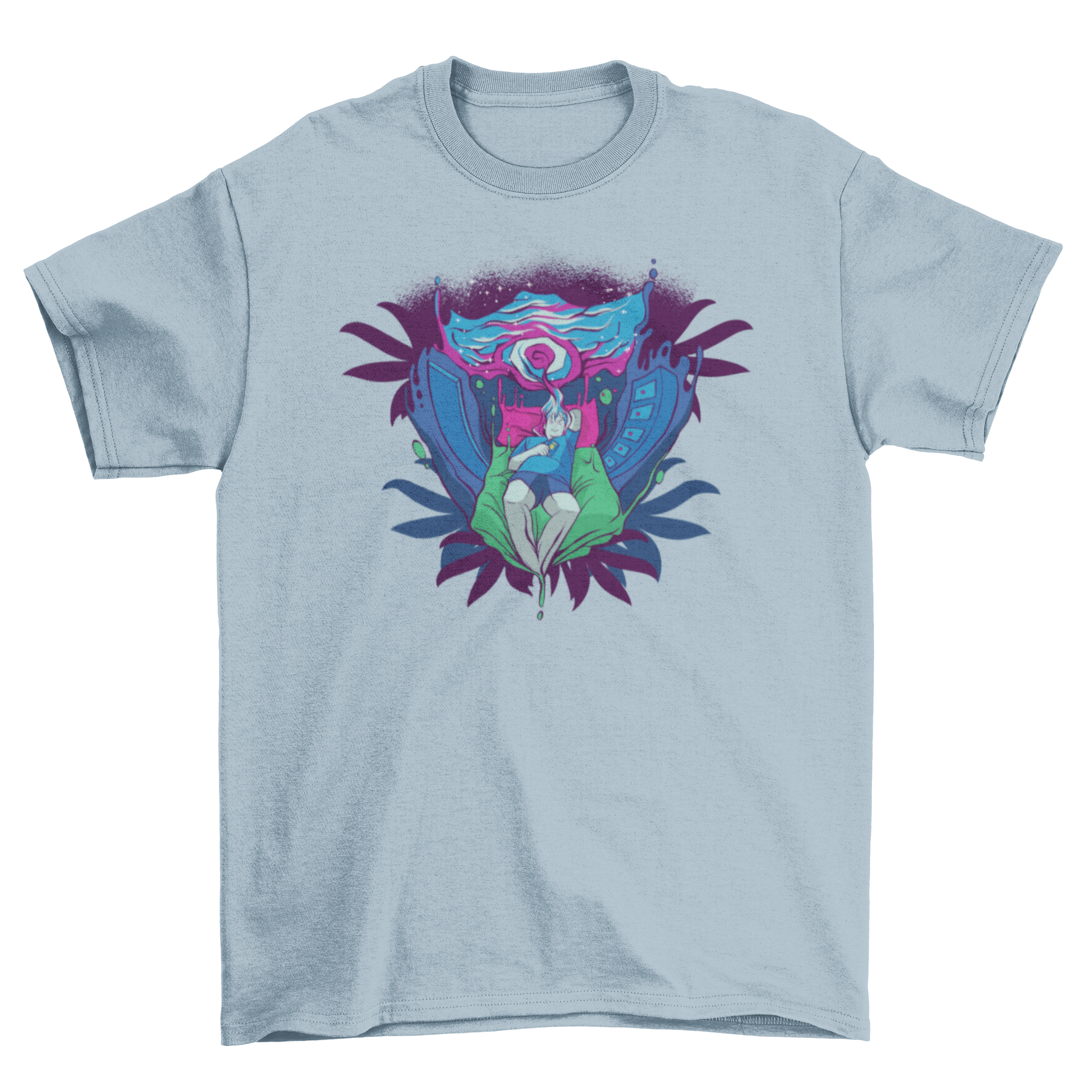 Trippy Portal T-Shirt featuring a psychedelic design of a person being drawn into a colorful portal while resting on a bed.