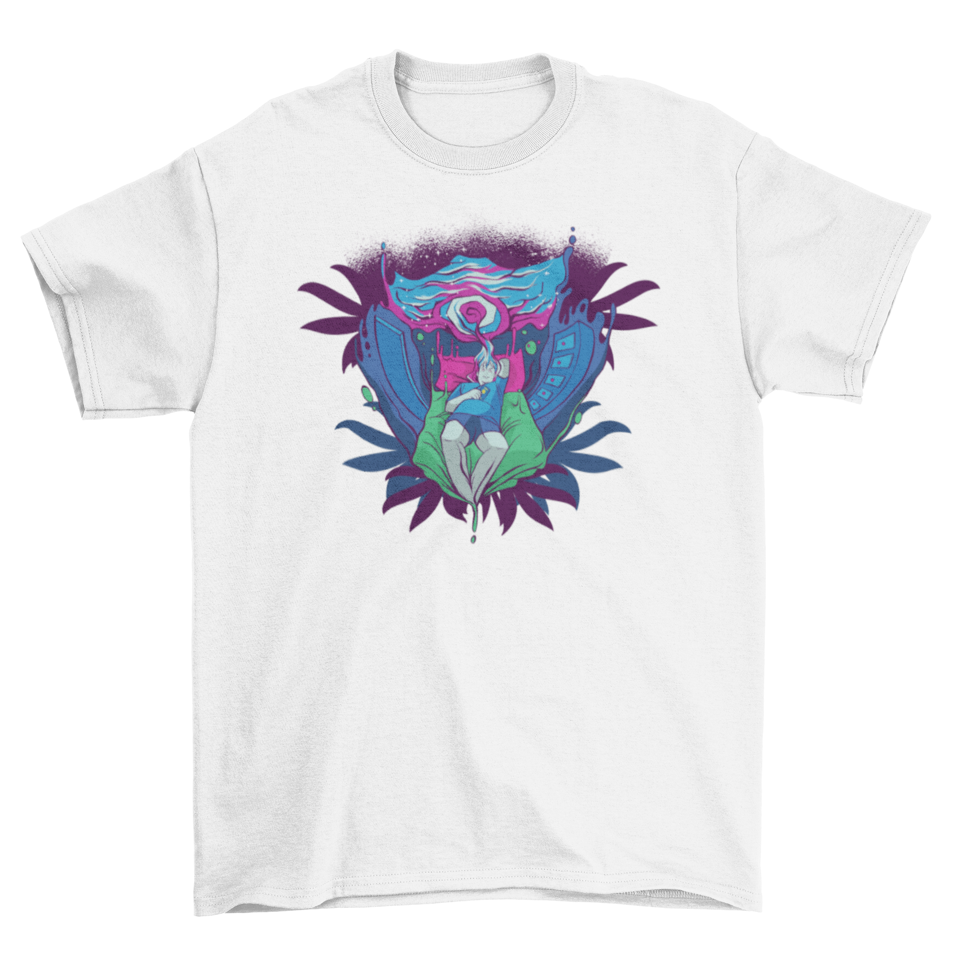 Trippy Portal T-Shirt featuring a psychedelic design of a person being drawn into a colorful portal while resting on a bed.