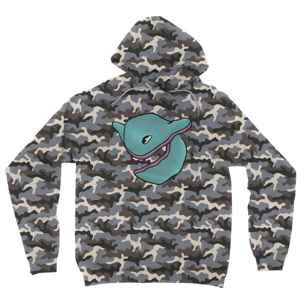 Troffle Camouflage Adult Hoodie featuring a classic camo print, double fabric hood, and kangaroo pouch pocket, perfect for casual wear.