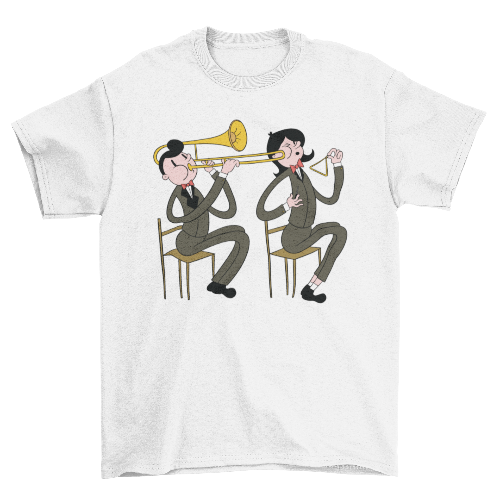 A stylish t-shirt featuring a male trombone player and a female triangle player illustration, perfect for music enthusiasts.