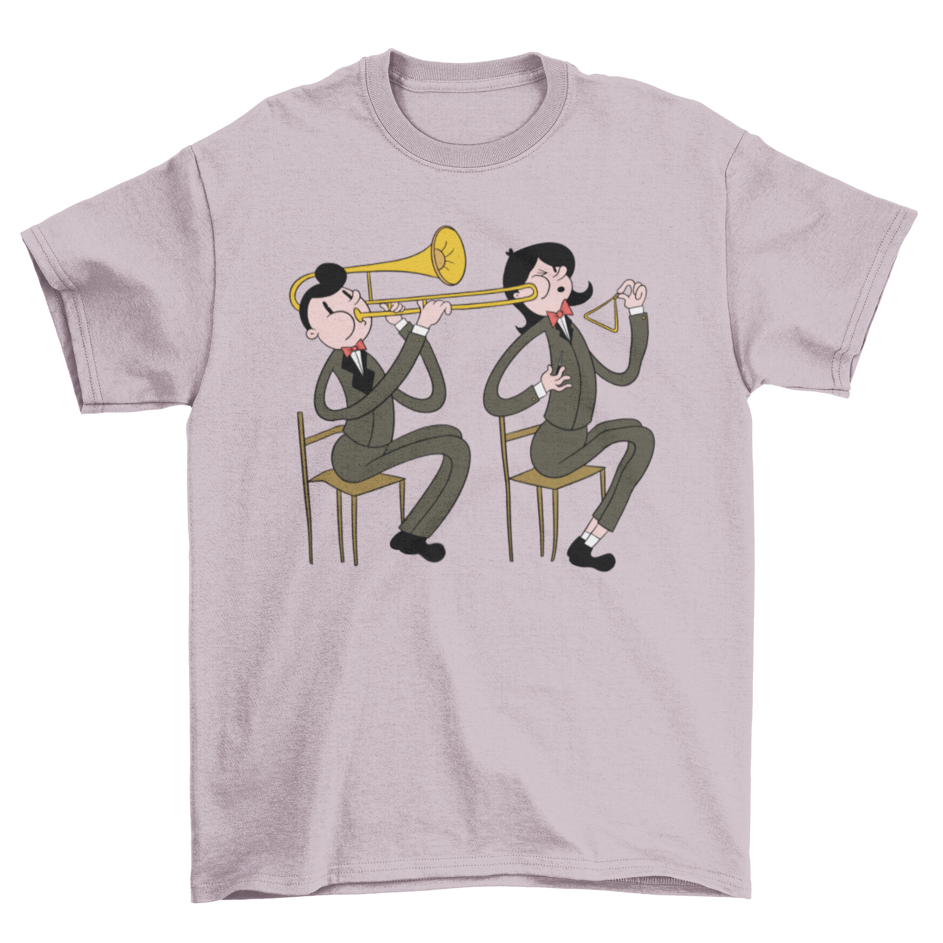 A stylish t-shirt featuring a male trombone player and a female triangle player illustration, perfect for music enthusiasts.