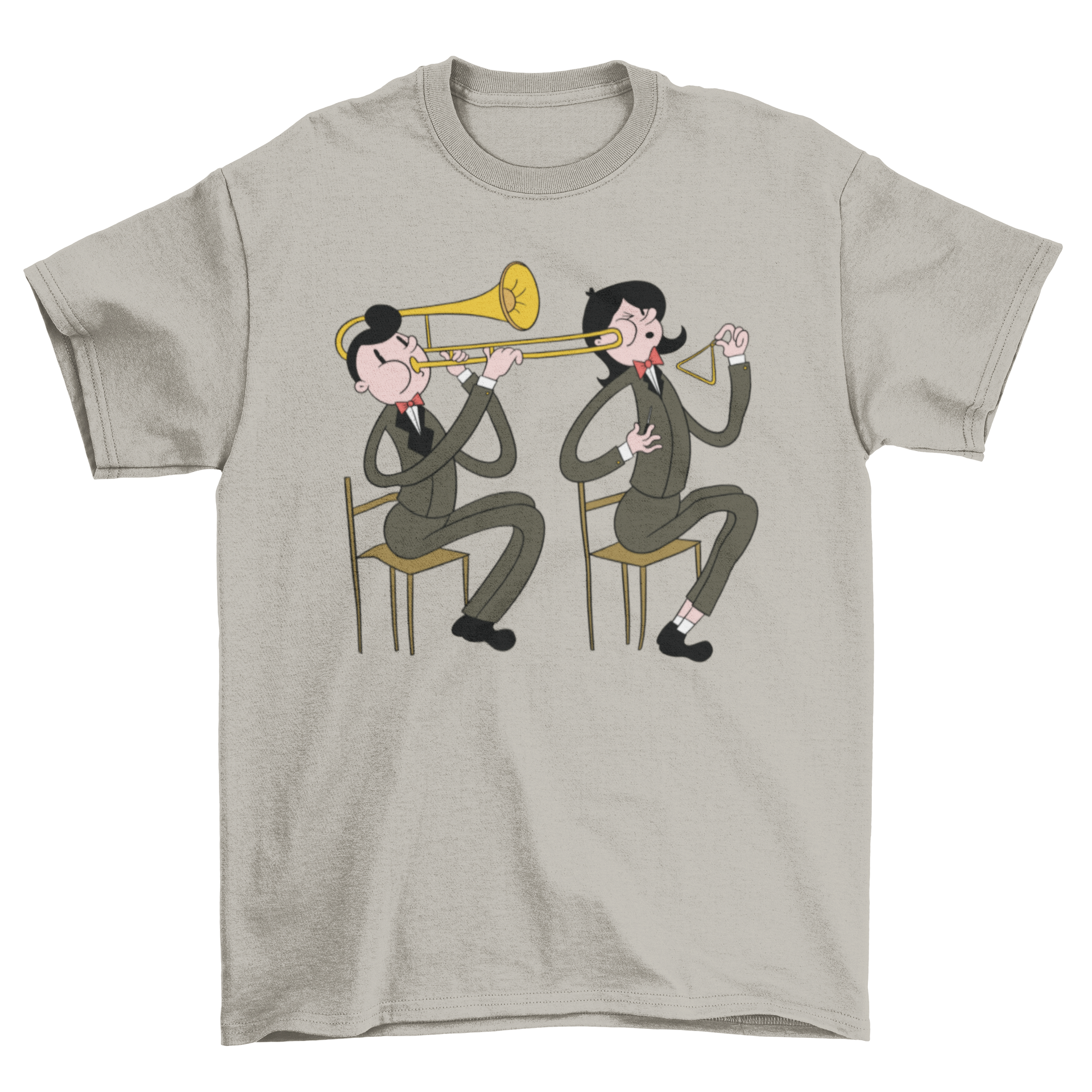 A stylish t-shirt featuring a male trombone player and a female triangle player illustration, perfect for music enthusiasts.