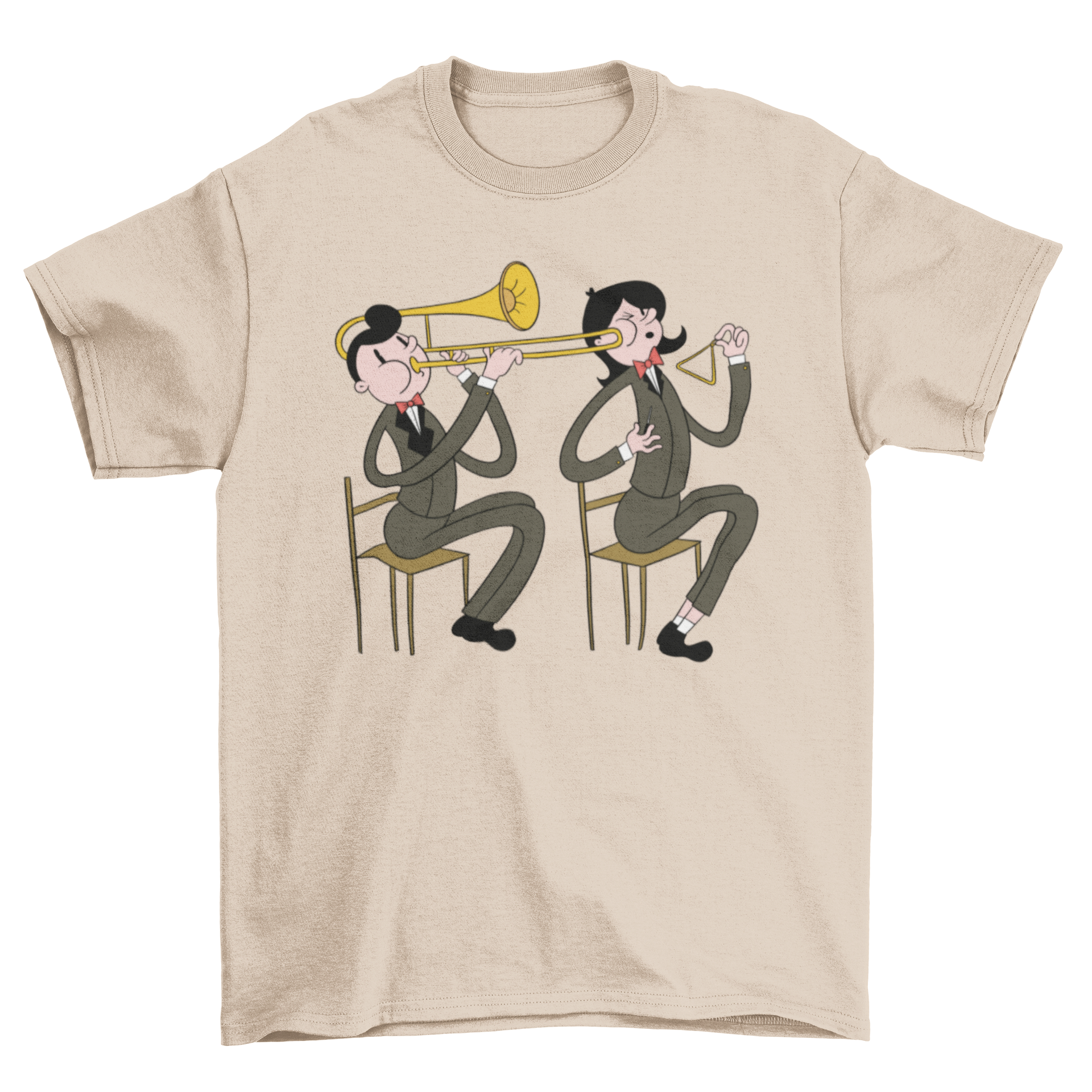 A stylish t-shirt featuring a male trombone player and a female triangle player illustration, perfect for music enthusiasts.