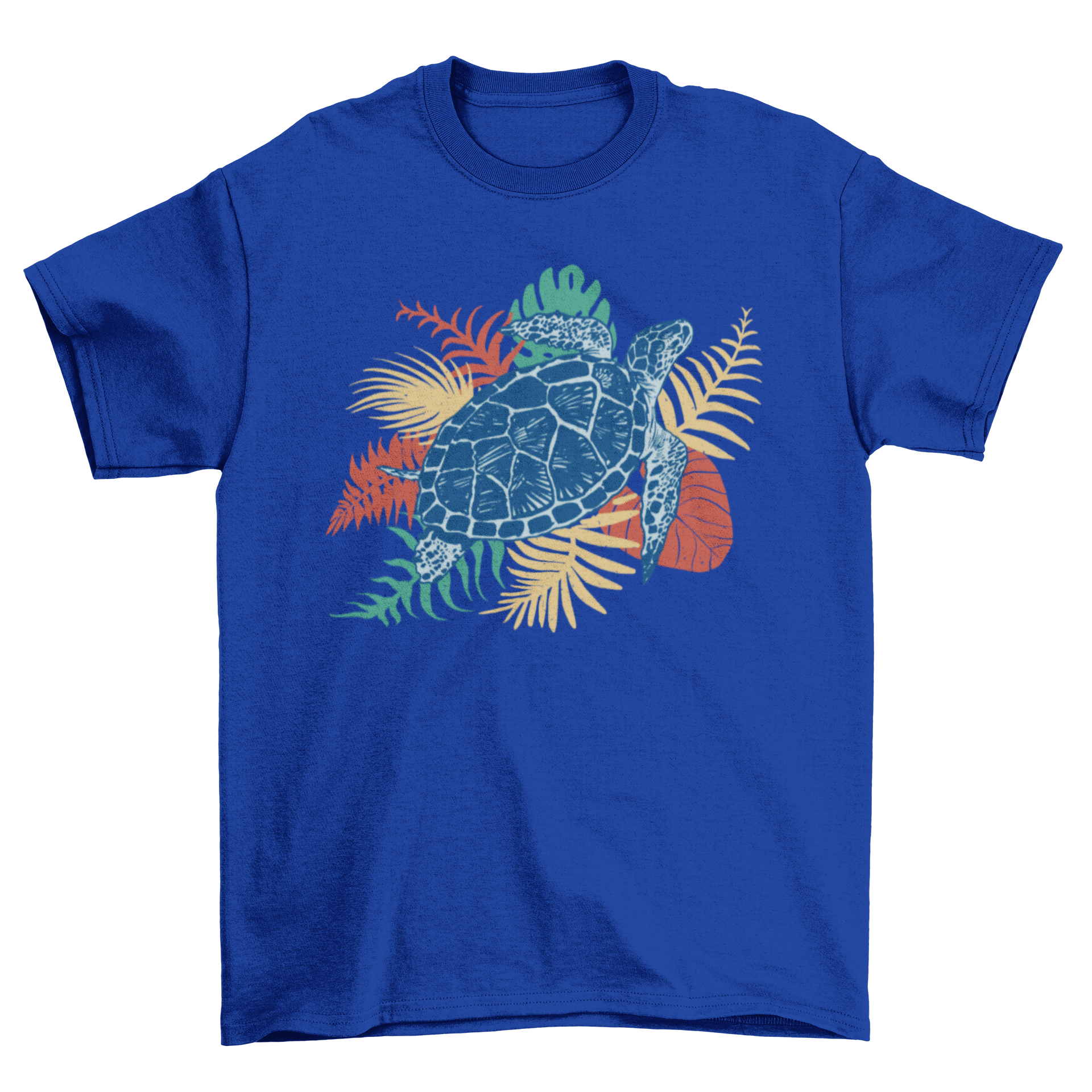 A vibrant Tropical Sea Turtle T-Shirt featuring a colorful sea turtle design surrounded by tropical leaves.