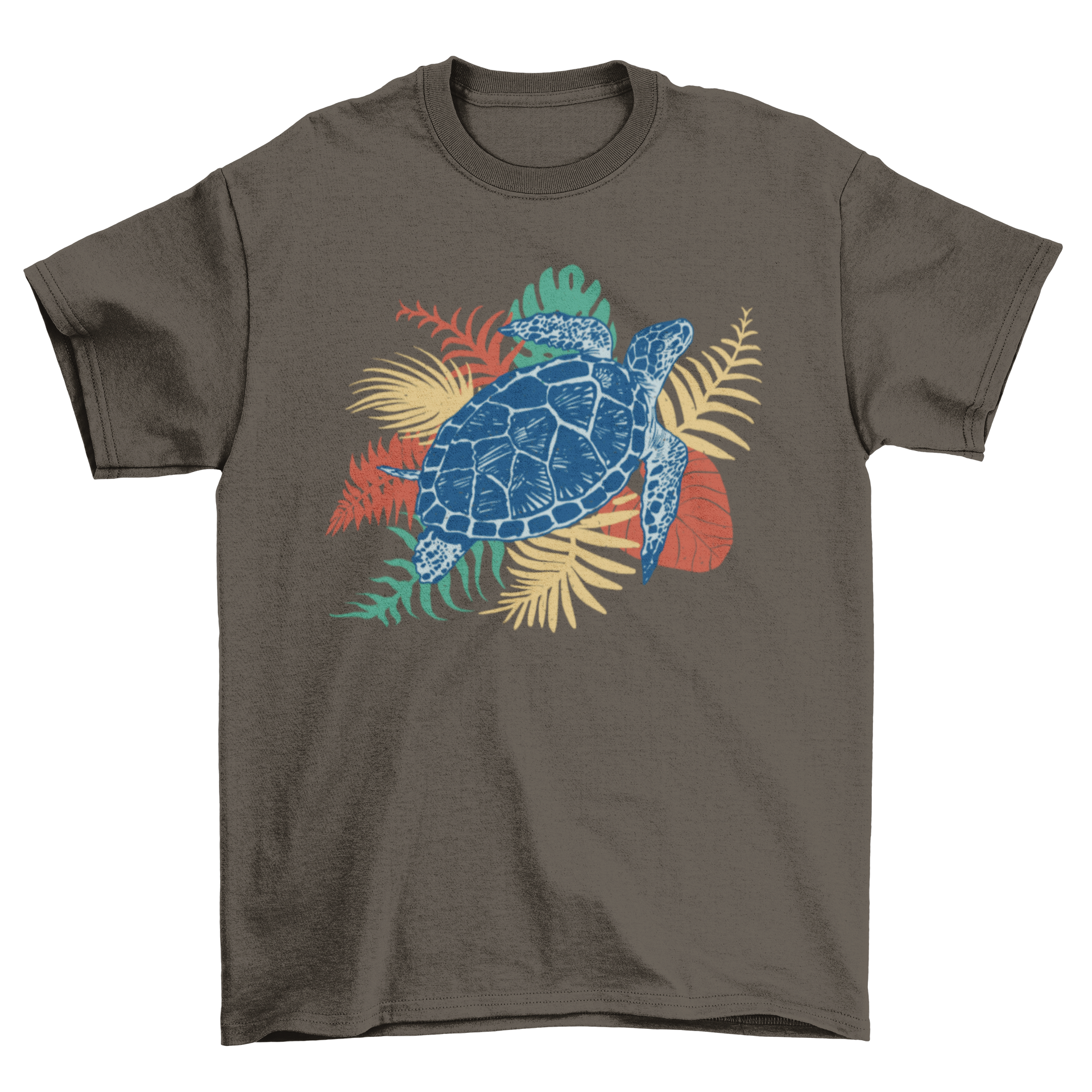 A vibrant Tropical Sea Turtle T-Shirt featuring a colorful sea turtle design surrounded by tropical leaves.