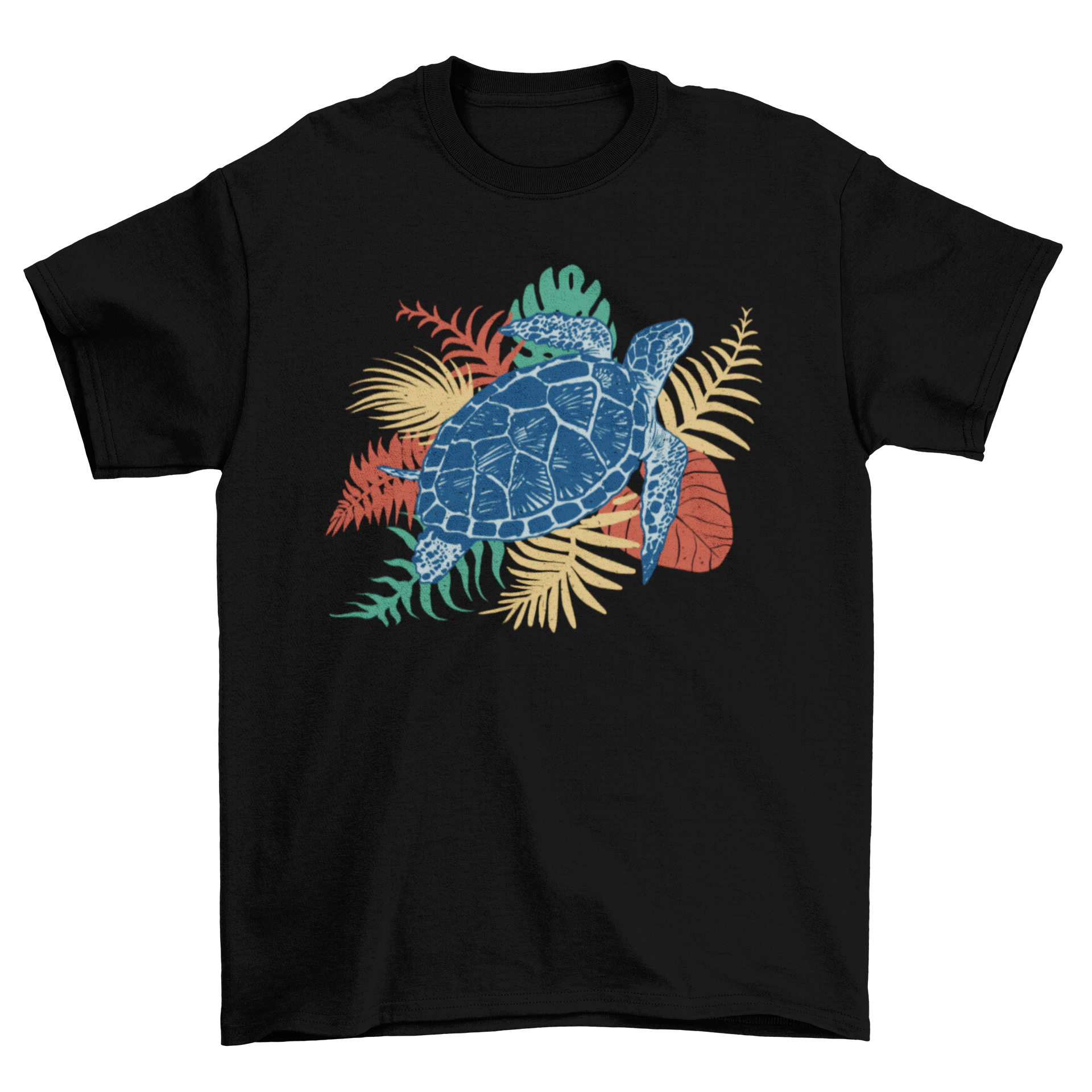 A vibrant Tropical Sea Turtle T-Shirt featuring a colorful sea turtle design surrounded by tropical leaves.