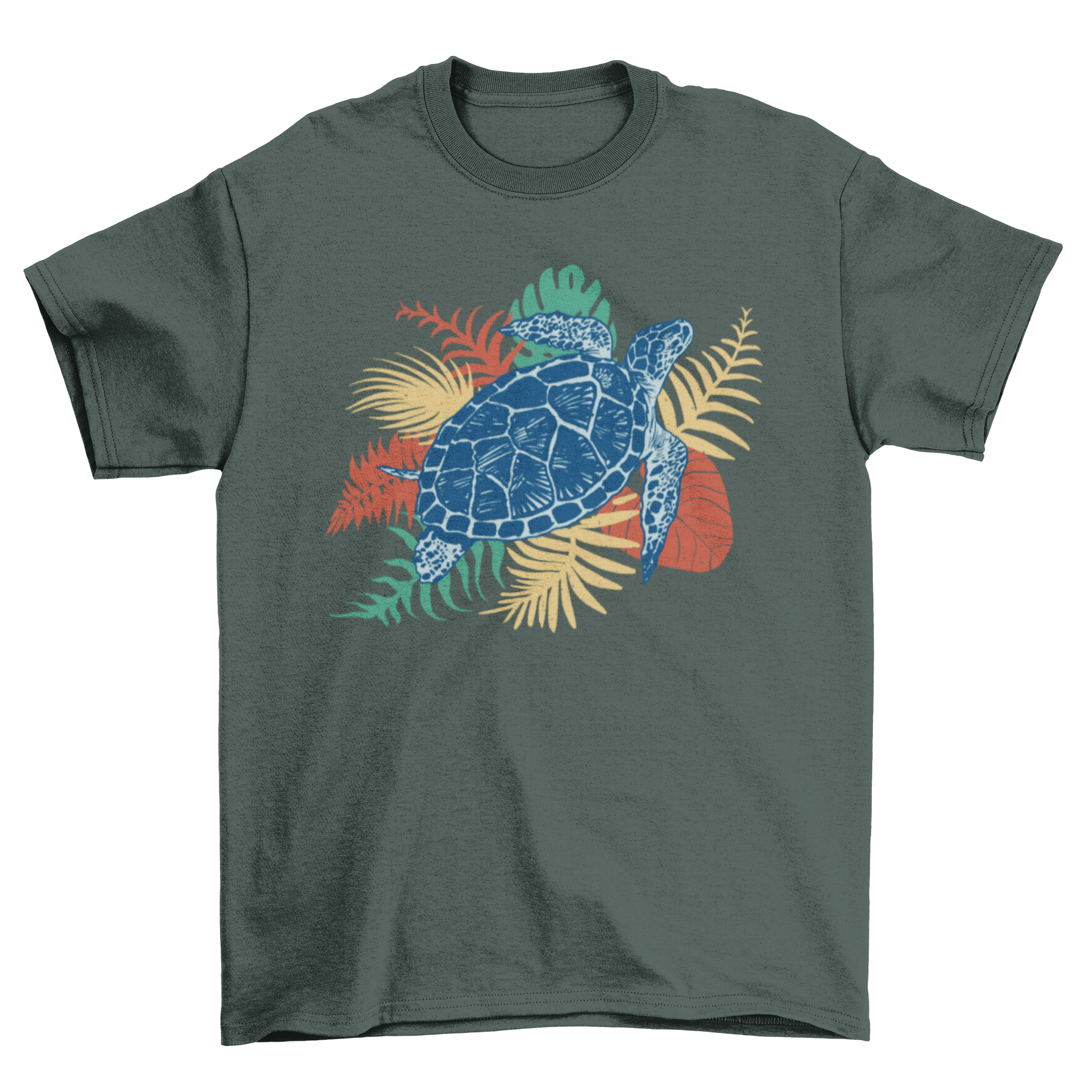 A vibrant Tropical Sea Turtle T-Shirt featuring a colorful sea turtle design surrounded by tropical leaves.