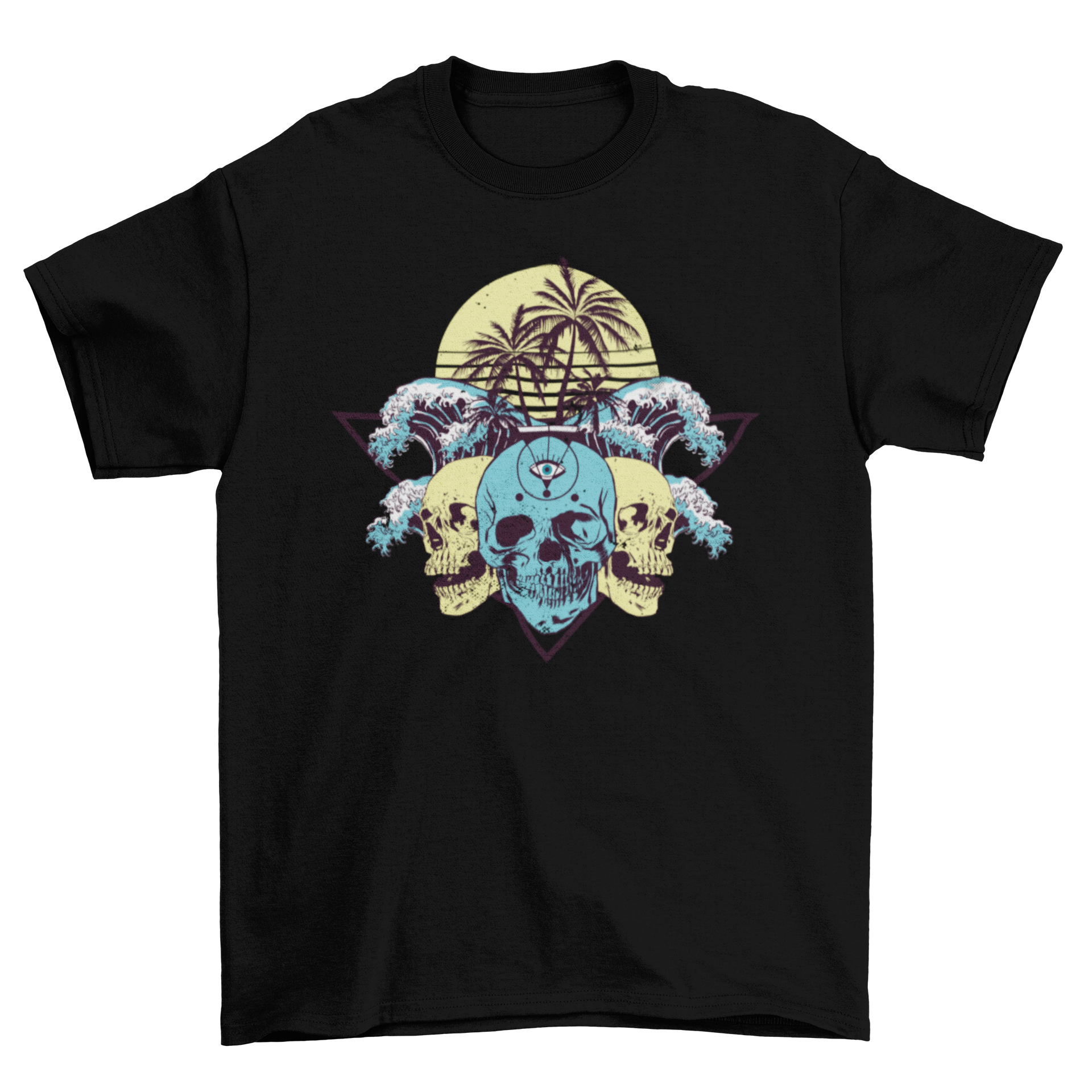 Tropical Skulls T-shirt featuring a detailed skull illustration surrounded by tropical elements.