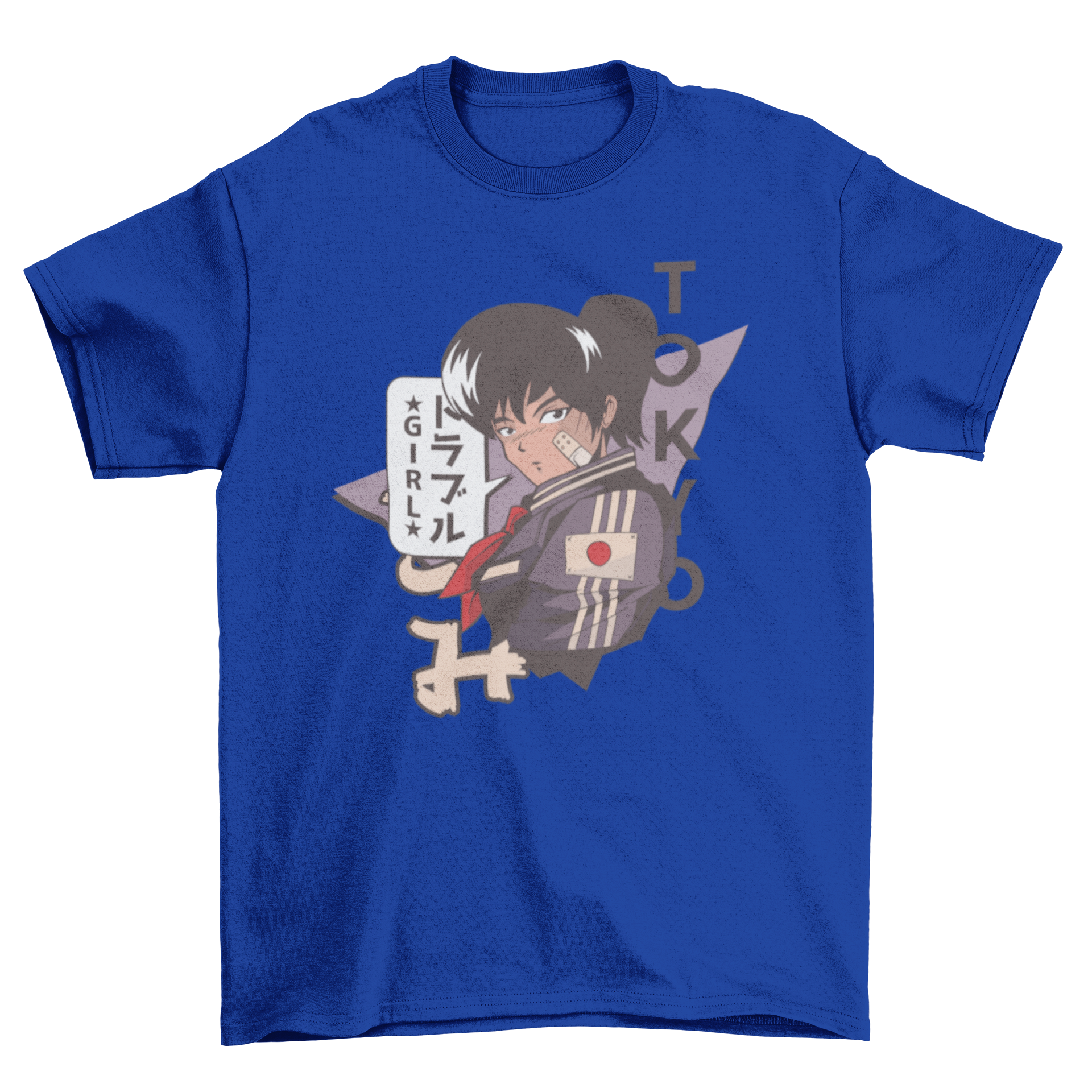 Trouble Girl Tokyo T-Shirt featuring an anime girl illustration in vibrant colors on a soft fabric.